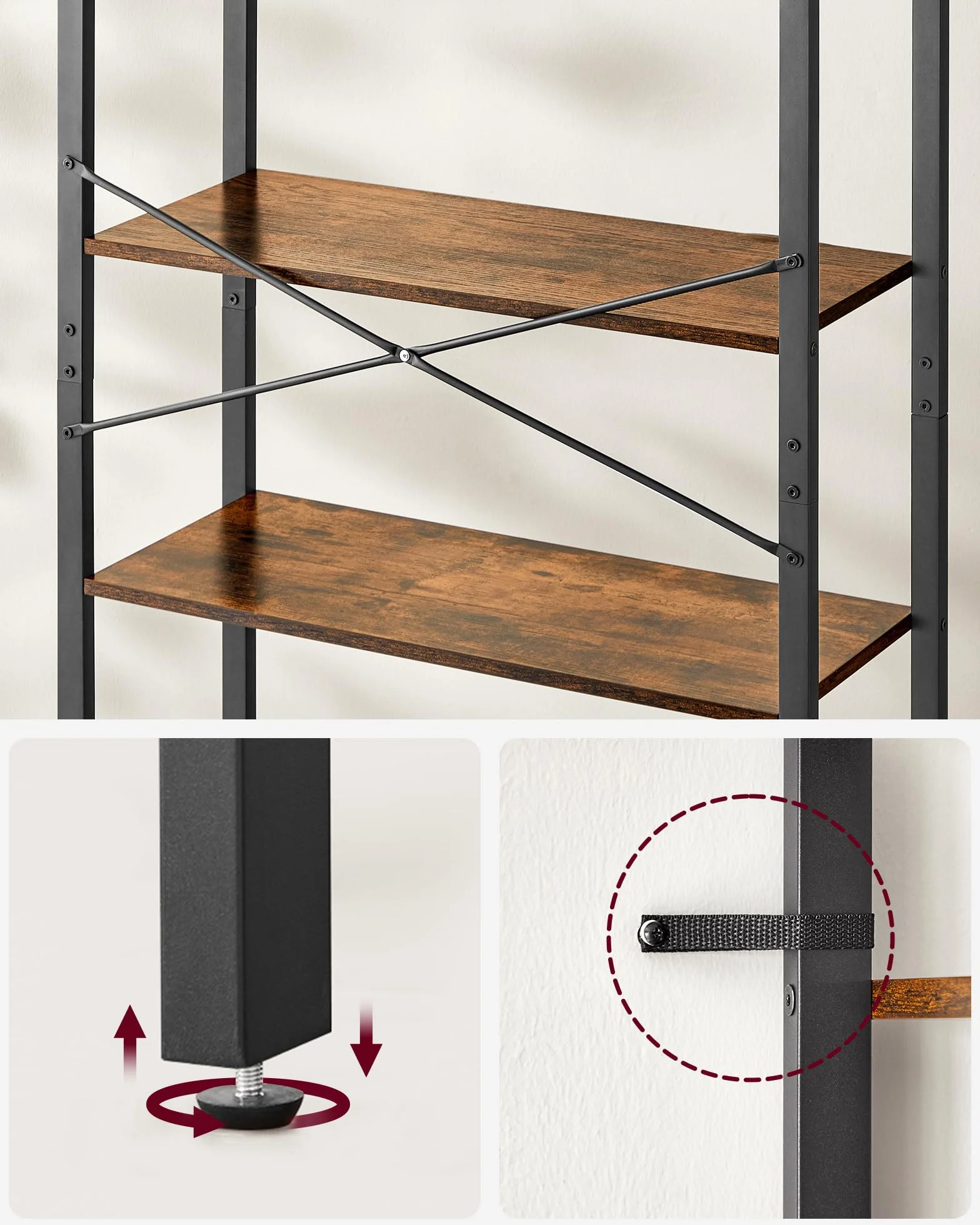 VASAGLE Estantería 6 Niveles Librería Marco Acero 30x80x186 cm Marrón Rústico Negro