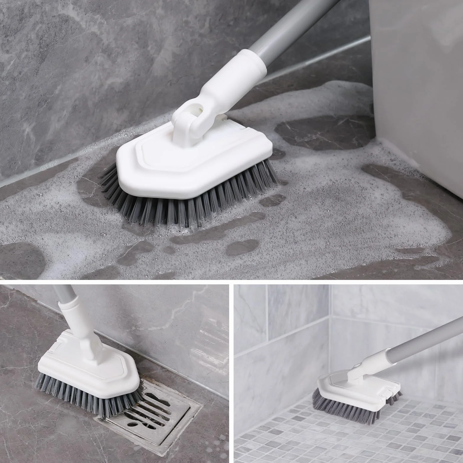 Mitclear 3 en 1 Cepillo de Limpieza Ducha con Mango Telescópico(135cm), Limpiador de Azulejos Baño Largo, Mopa con Cepillo, Esponja & Microfibra para Limpiar Ducha Azulejos Baño Cocina Pared y Suelo