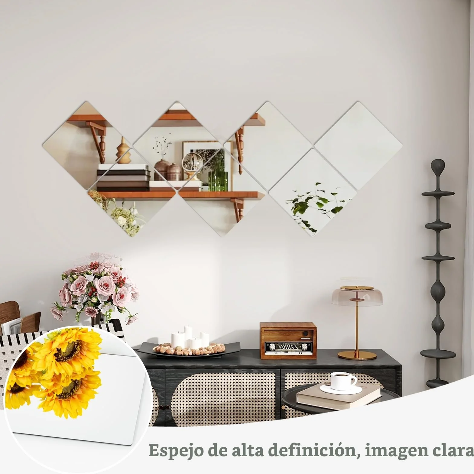 Abyssaly 4 Piezas Espejo Adhesivo Pared Cuadrada Flexibles 20cm x 20cm