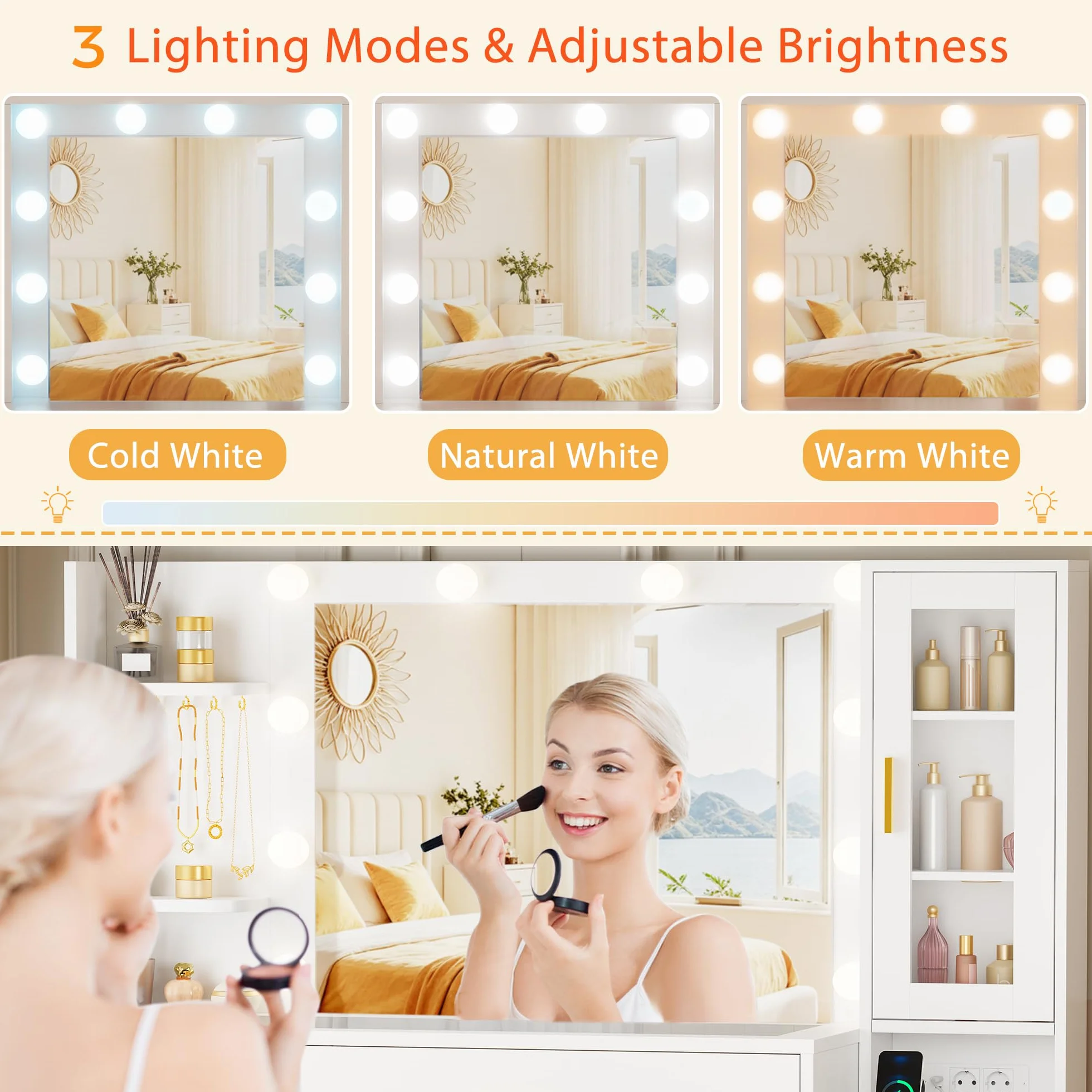 ANWBROAD Grande Tocador con Espejo y Luces LED Regulables Tocador de Maquillaje con Vidrio y Enchufes,Mesa de Maquillaje con 8 cajones 3 estantes Abiertos y 5 Ganchos para Joyas Moderno Blanco BDT88W