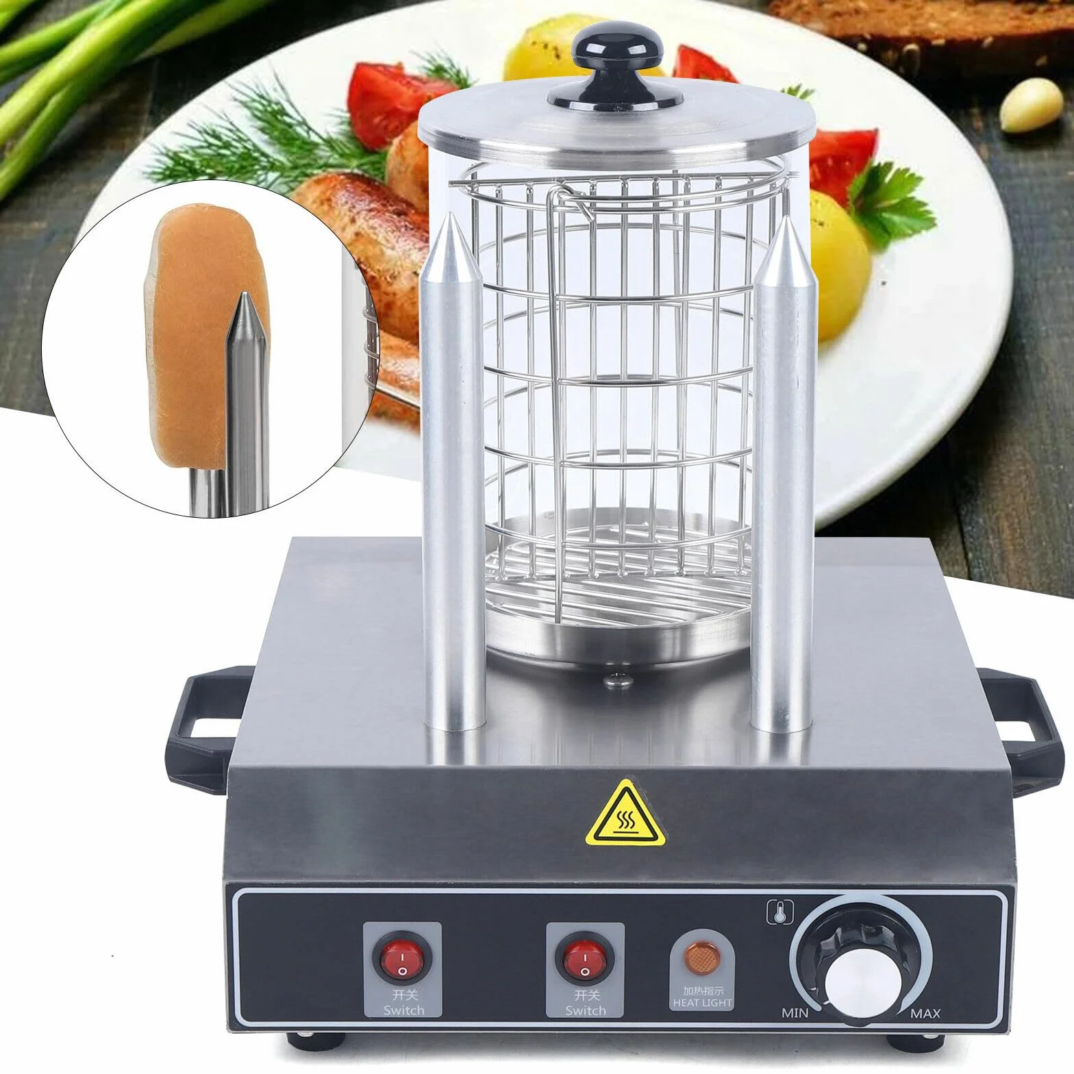 Profesional eléctrico calentador de salchichas con 2 pinchos, para restaurante