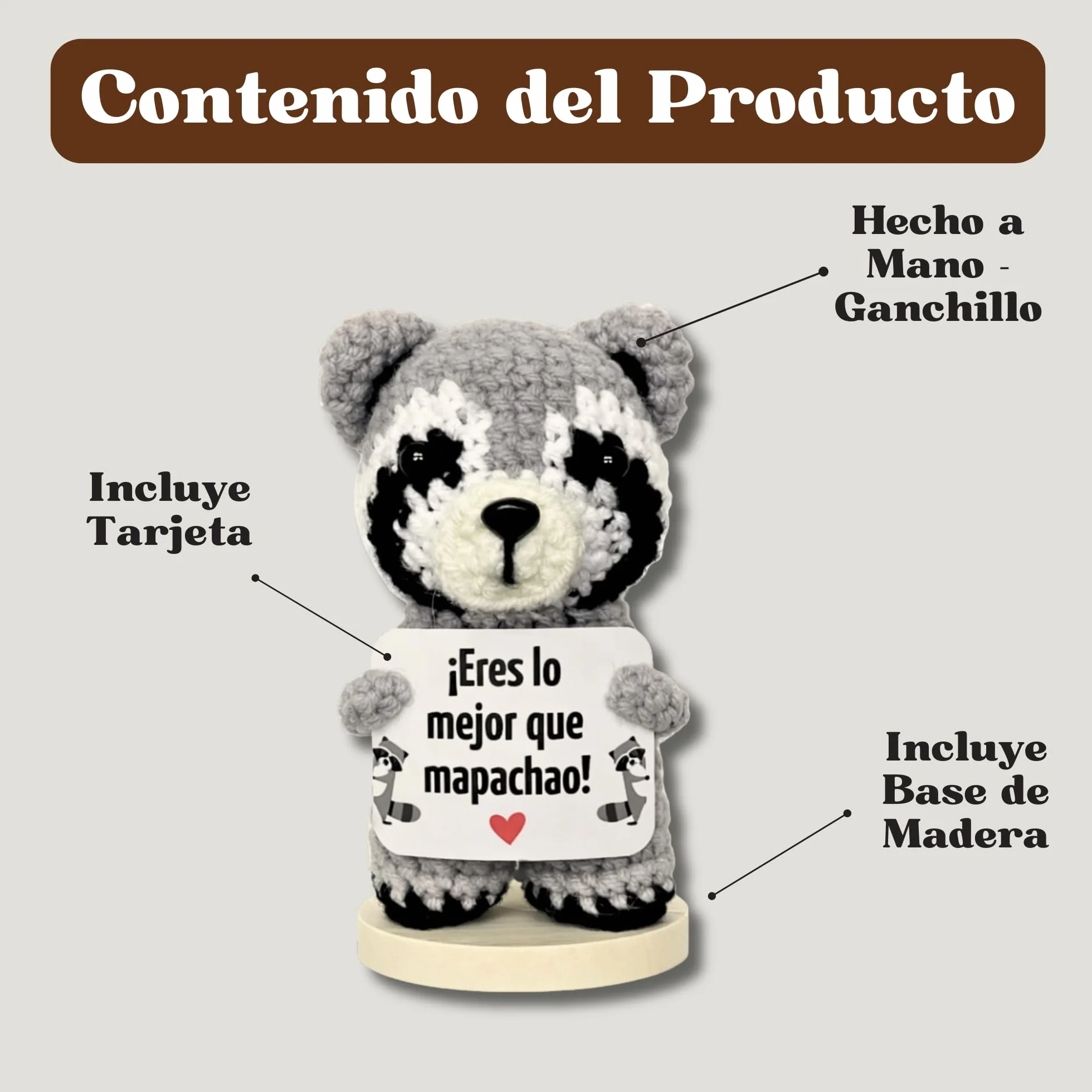 EQUIK PRODUCTS Mapache de Ganchillo – Regalo Aniversario para Pareja, Novia o Novio | Regalo Romántico y Divertido, Detalle Original de San Valentín, Cumpleaños, Sant Jordi (Mapache)