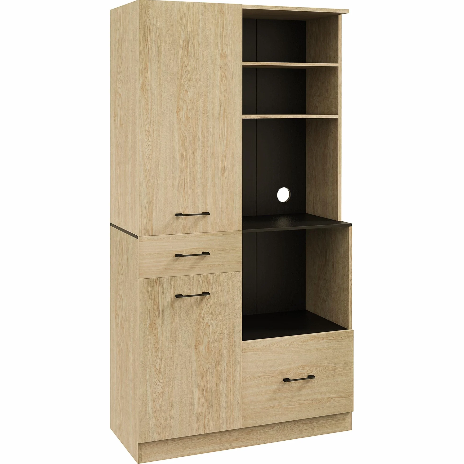 HOMCOM Alacena Moderno de Cocina con 2 Cajones, 2 Armarios y 4 Estantes Abiertos - Mueble Buffet para Comedor y Salón - 90x40x170 cm - Roble y Negro