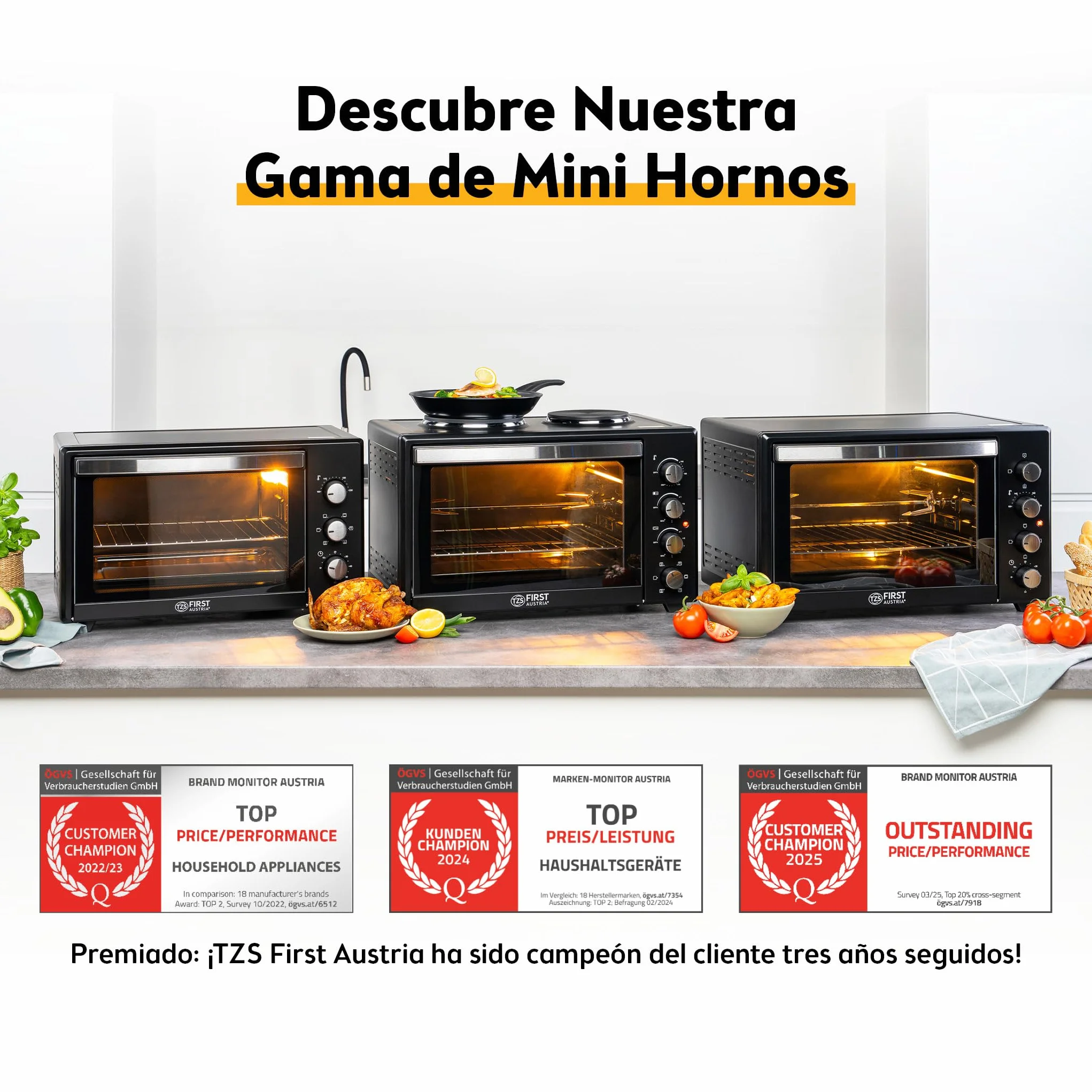 TZS First Austria Mini Horno 45L 2000W con Premium-X Coating – Minihorno Digital hasta 230°C & 4 Alturas – Temporizador de 180 Min & 8 Modos – Incl. Asador Giratorio – Para cocinas pequeñas & camping