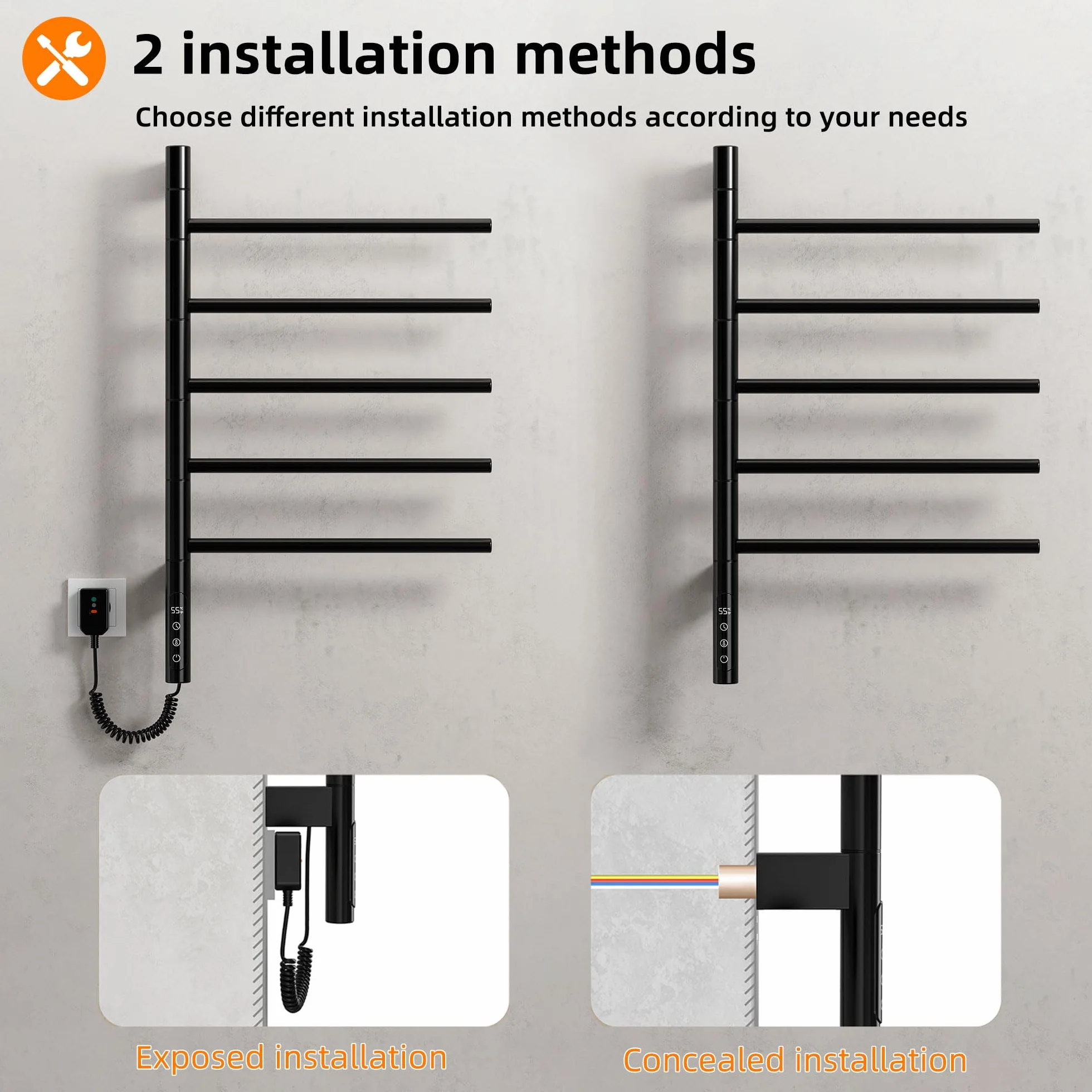 Radiador Toallero Eléctrico para Baño, Rotación de 180° Secatoallas eléctrico, 415 x 680mm, 85W, WiFi Negro Toallero Electrico Baño, Calentador Toallas, Secatoallas, Ahorro de energía-G63 WiFi Black
