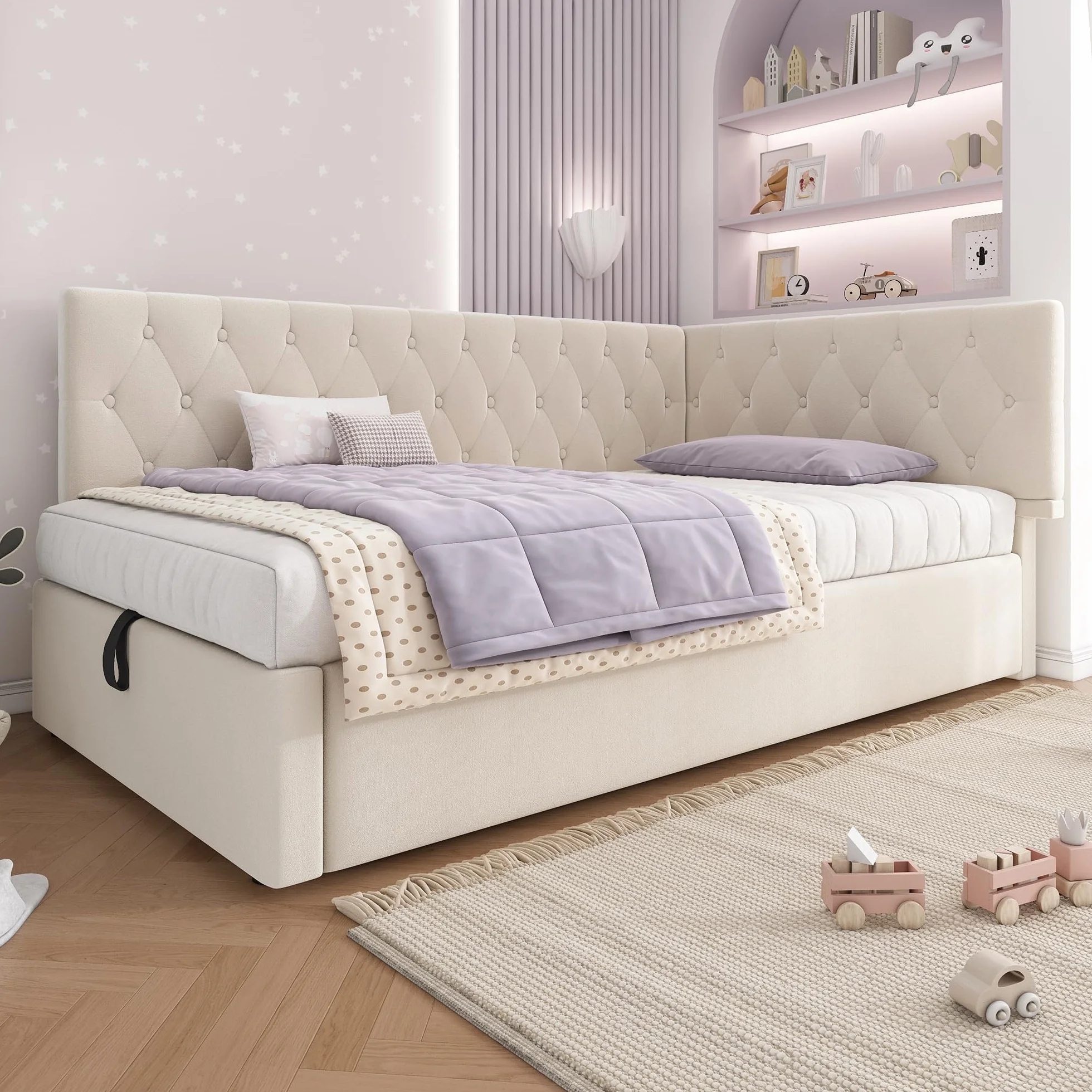 MURUL Cama tapizada, cama de día 90 x 200 cm, sofá cama con almacenamiento hidráulico, cama infantil, cama juvenil, estructura de cama con somier de madera, terciopelo, sin colchón.
