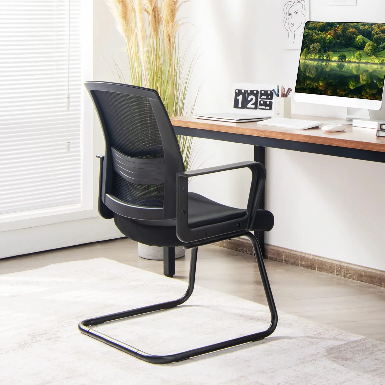 COSTWAY Silla de Conferencia, Silla de Reunión con Base Resistente Forma de Trineo, Sillas Cantilever Respaldo Ergonómico y Asiento Acolchado, Soporte Lumbar Regulable y Reposabrazos (estilo1, 1)