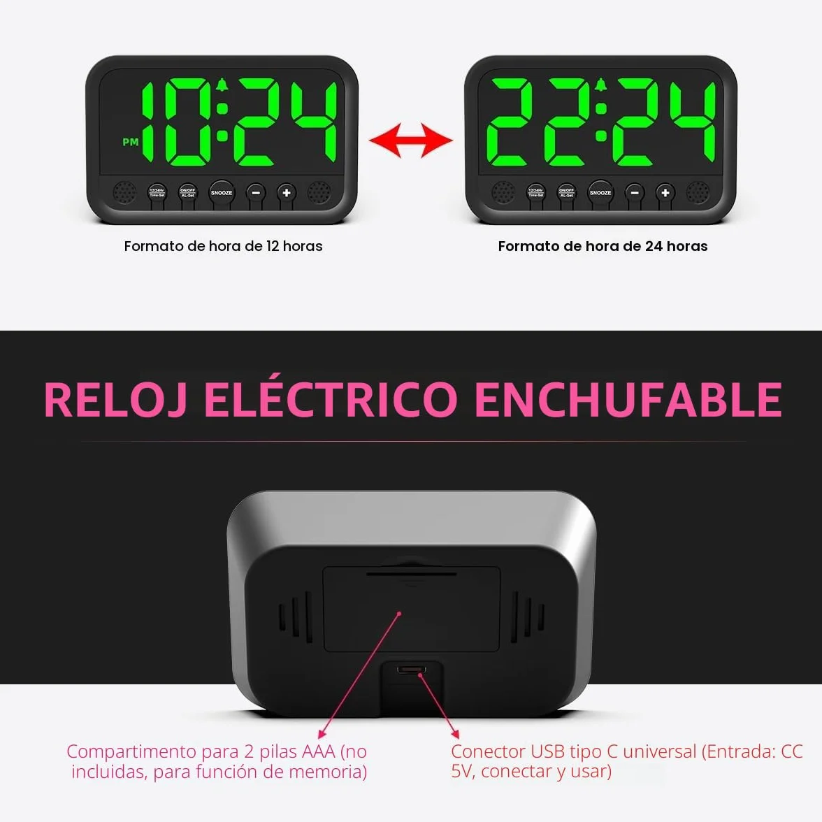 Despertador digital LED grande, alarma fuerte, enchufe eléctrico, volumen y brillo ajustables, repetición, 12/24 horas
