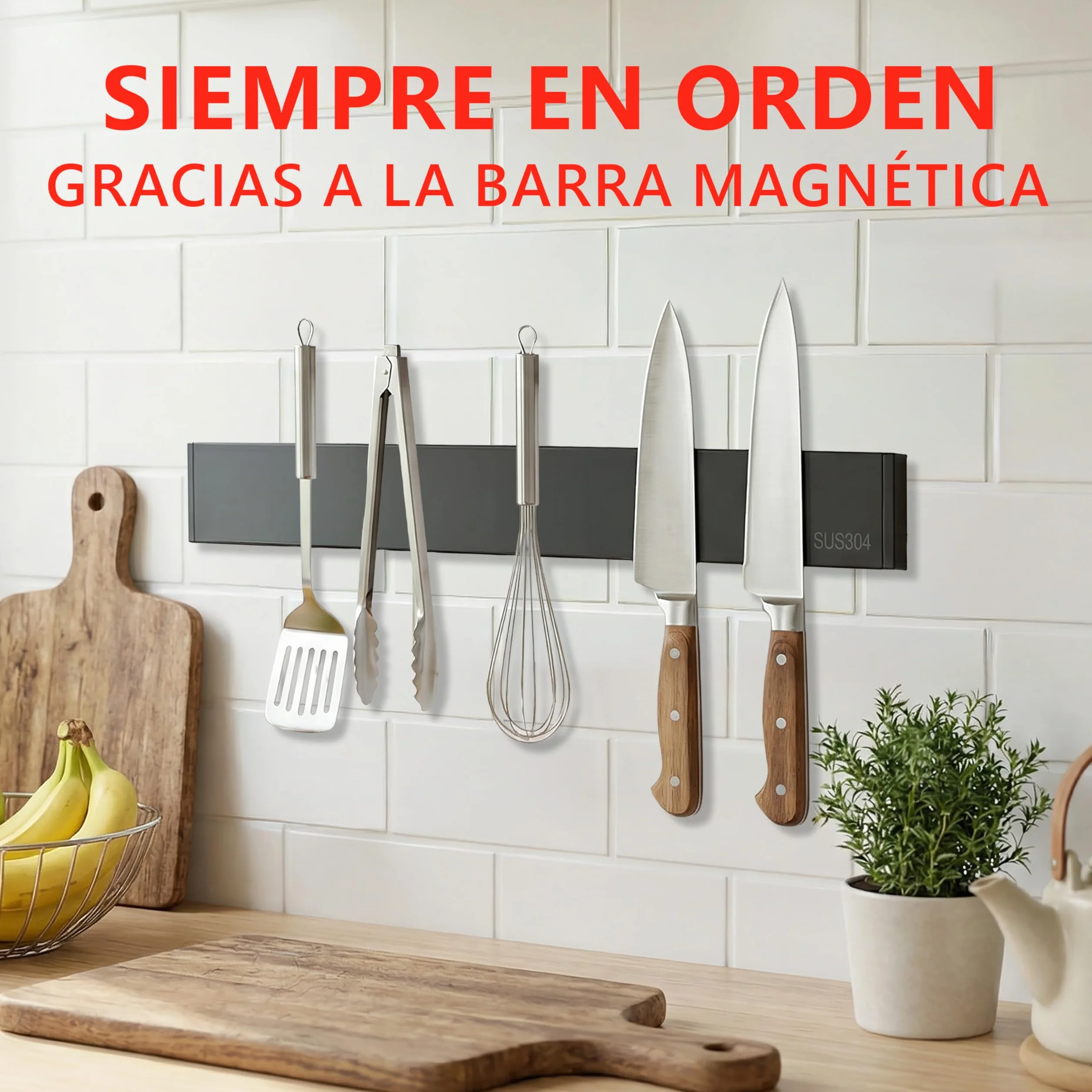 Soporte Cuchillos Cocina Imán 30cm Autoadhesivo con 2 Cuchillos