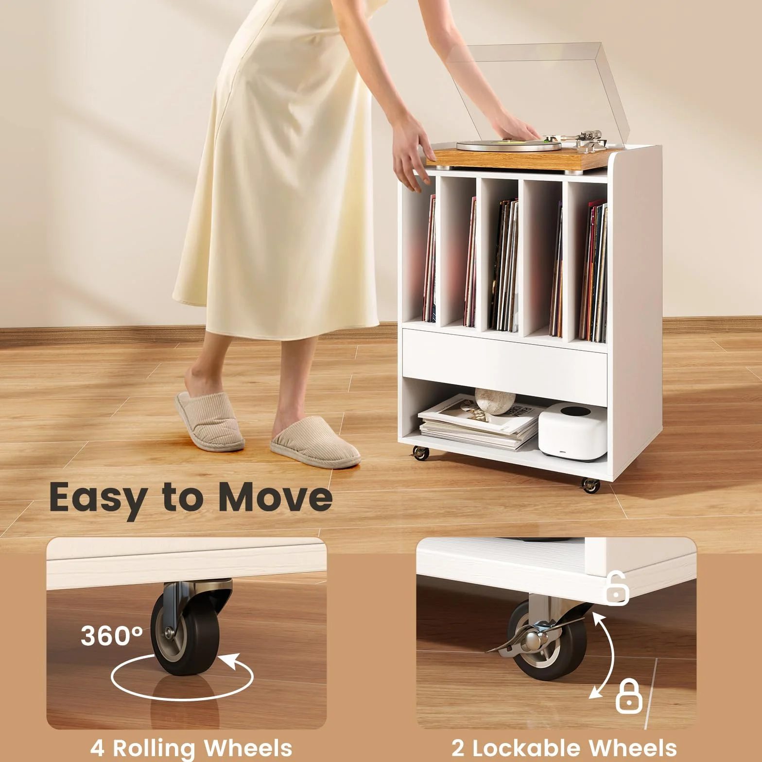 KOMFOTTEU Soporte para Tocadiscos con Ruedas, Mesa Auxiliar, 5 Compartimentos, Cajón, Estante Inferior, Ganchos, Armario de Almacenamiento, 52 x 35,5 x 73 cm, Blanco