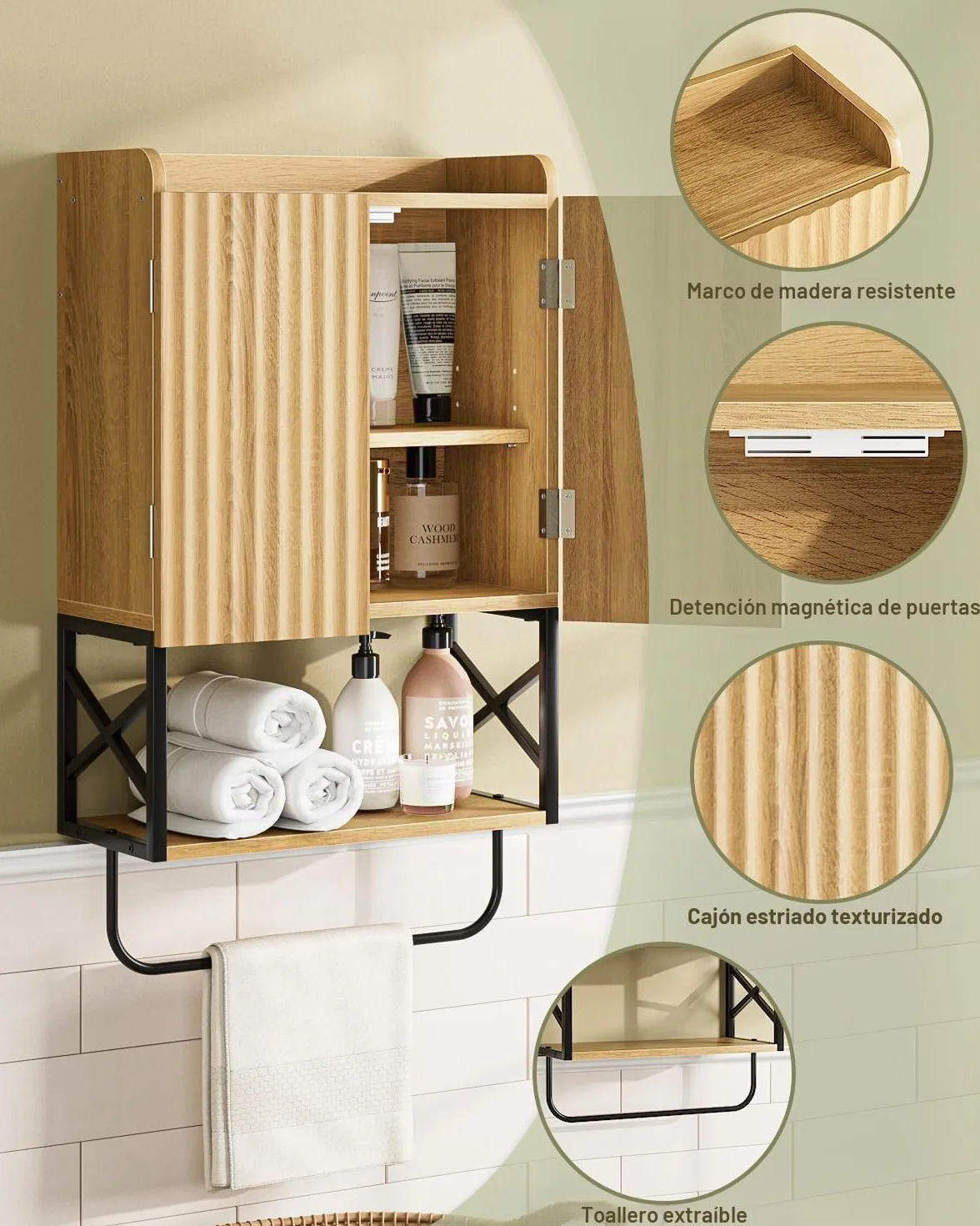 Armario de baño suspendido madera estantes ajustables mueble pared ahorra espacio roble moderno
