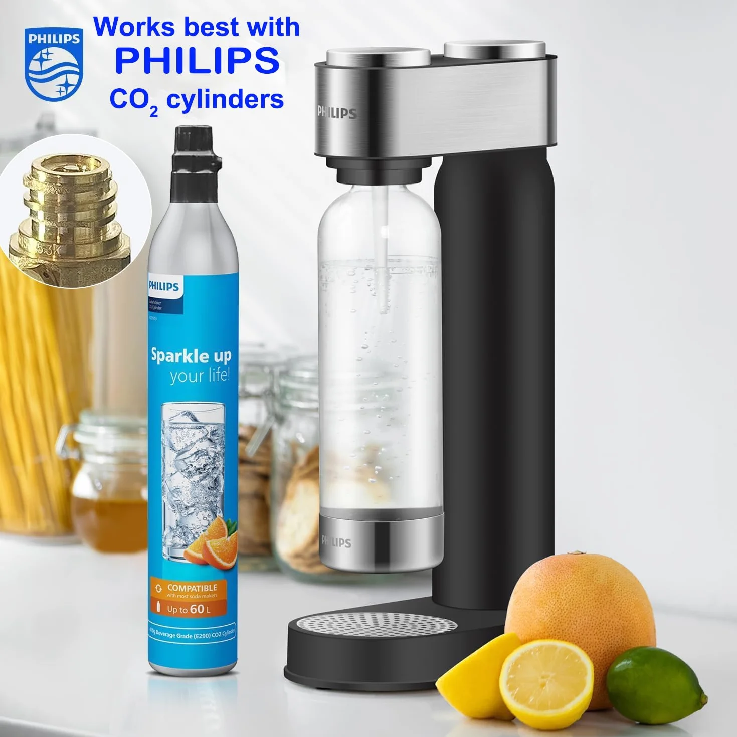 Philips Máquina para hacer refrescos de acero inoxidable con gas para el hogar, 1 litro, sin BPA, compatible con carbonatador de CO2 de 60 L