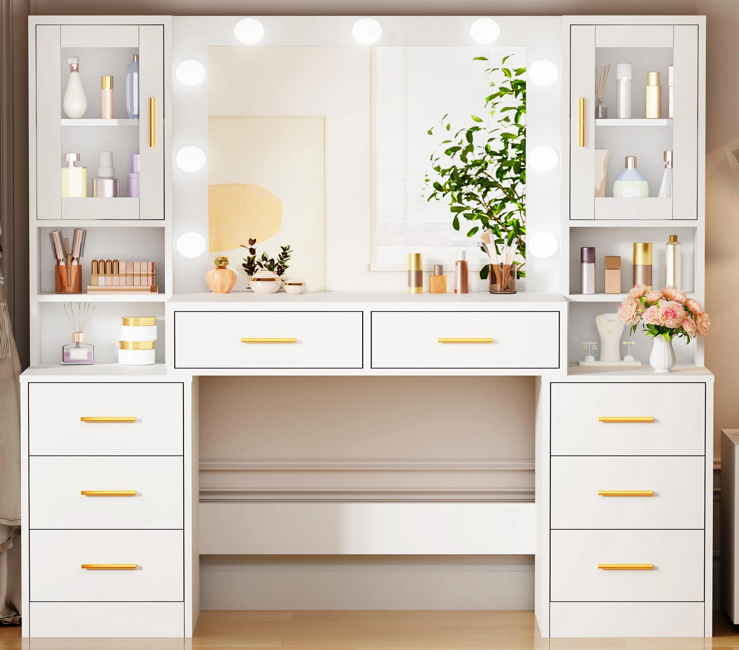 BEWISHOME Tocador de Maquillaje con Luces LED, Brillo Ajustable, 8 Cajones, Blanco EFST37W
