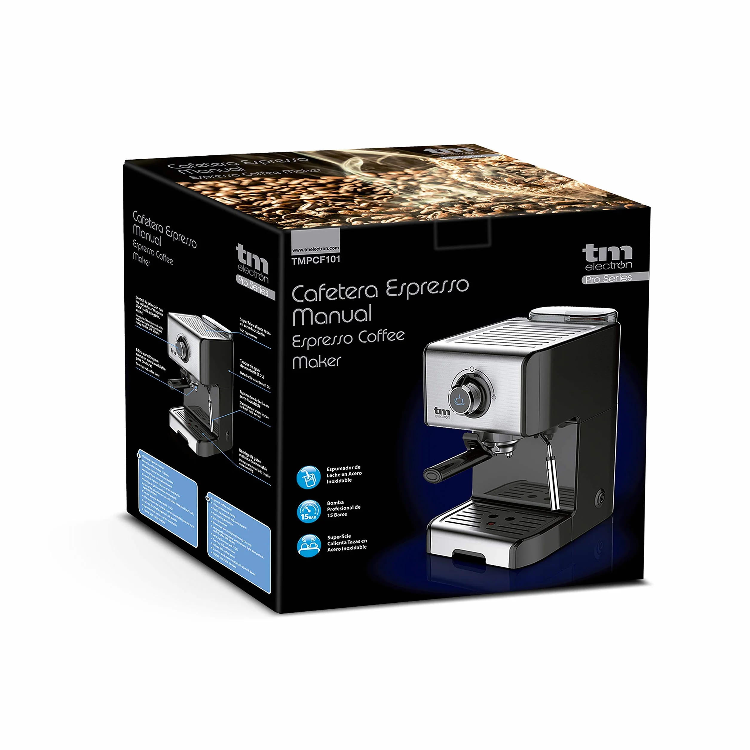TM Electron TMPCF101 cafetera Espresso Manual con 15 Bares de presión, 1200W, depósito 1,2 L, espumador de Leche, 3 Funciones, Fabricado en Acero Inoxidable