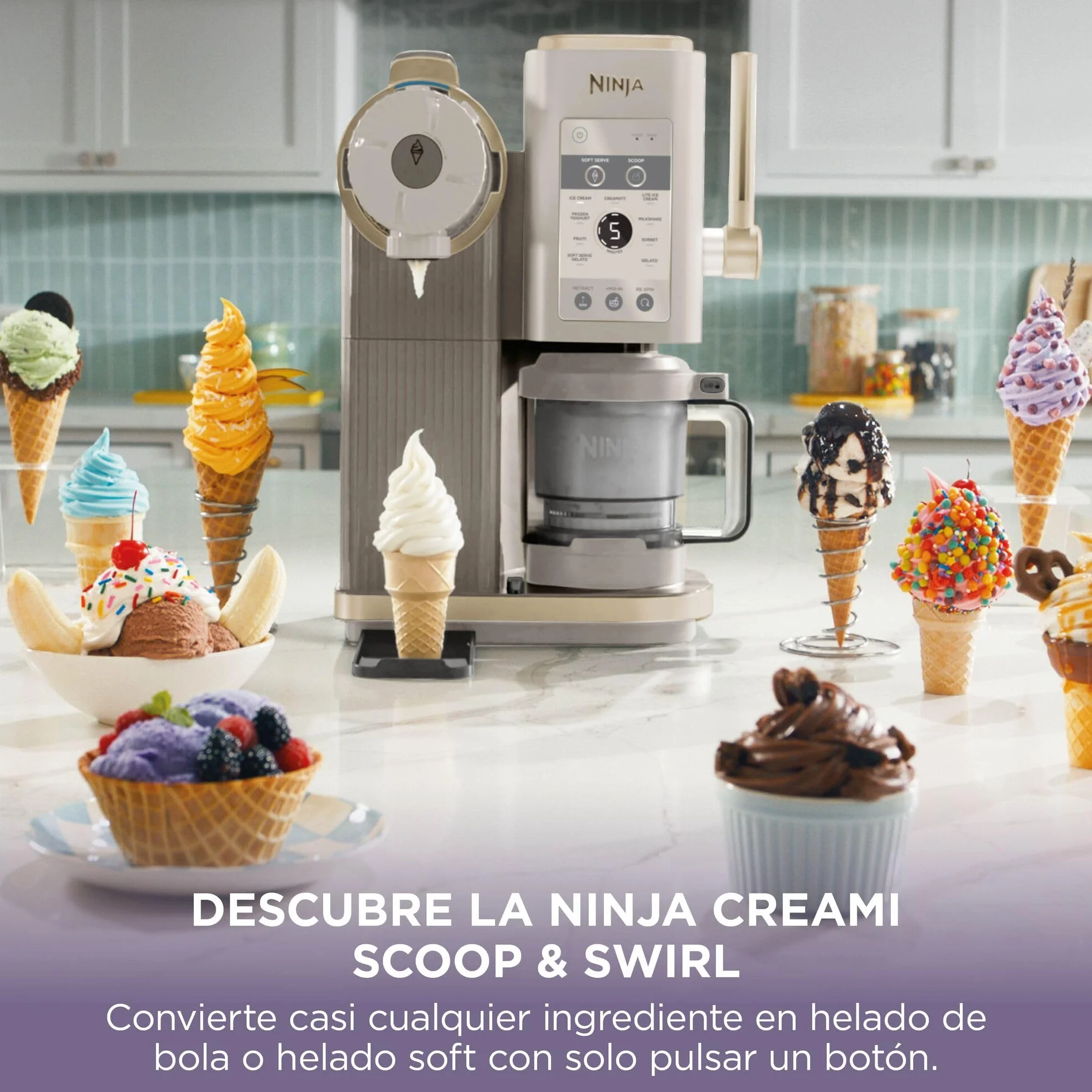 Ninja CREAMi Scoop & Swirl La heladera con 2 tarrinas y 13 funciones prepara helados, helados cremosos, gelatos, batidos y más, y cuenta con la opción de añadir extras, piedra/dorado, NC701EUSTGD
