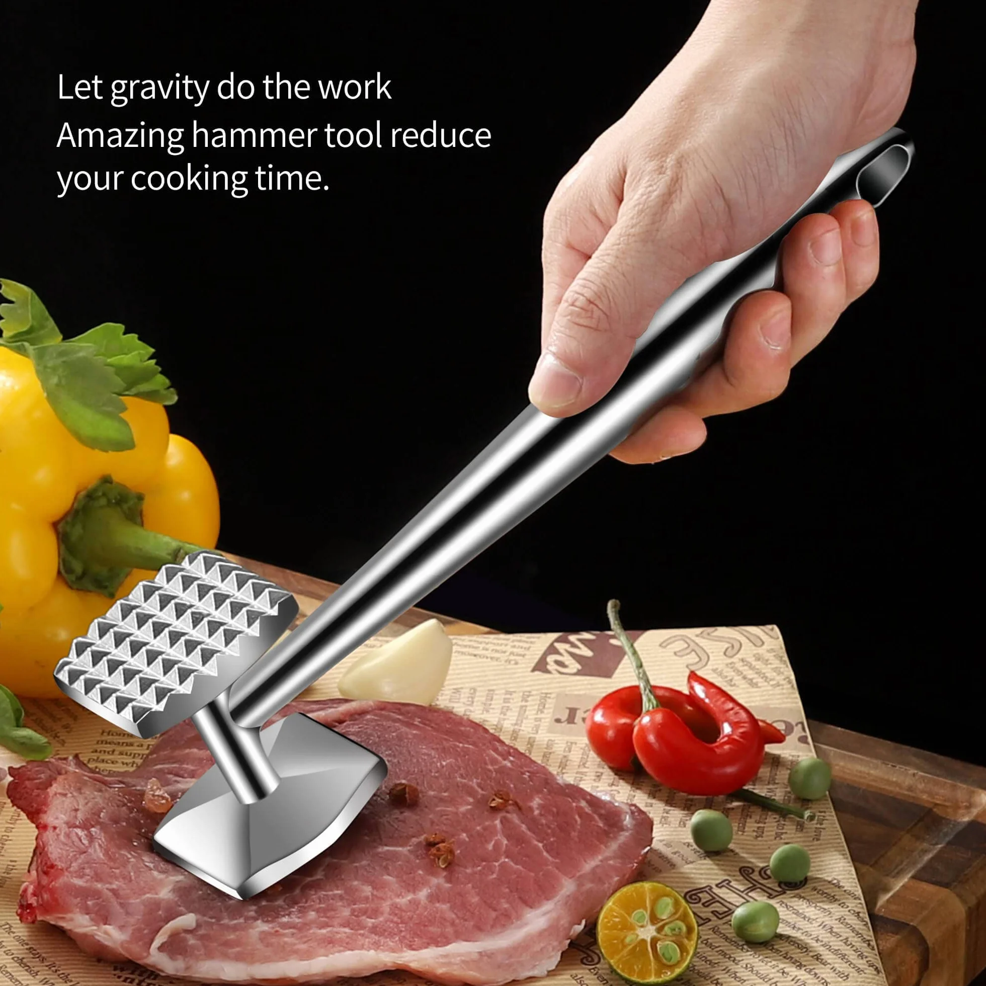 Aliglow Ablandador de Carne Acero Inoxidable 304 18/8 Martillo Cocina Profesional