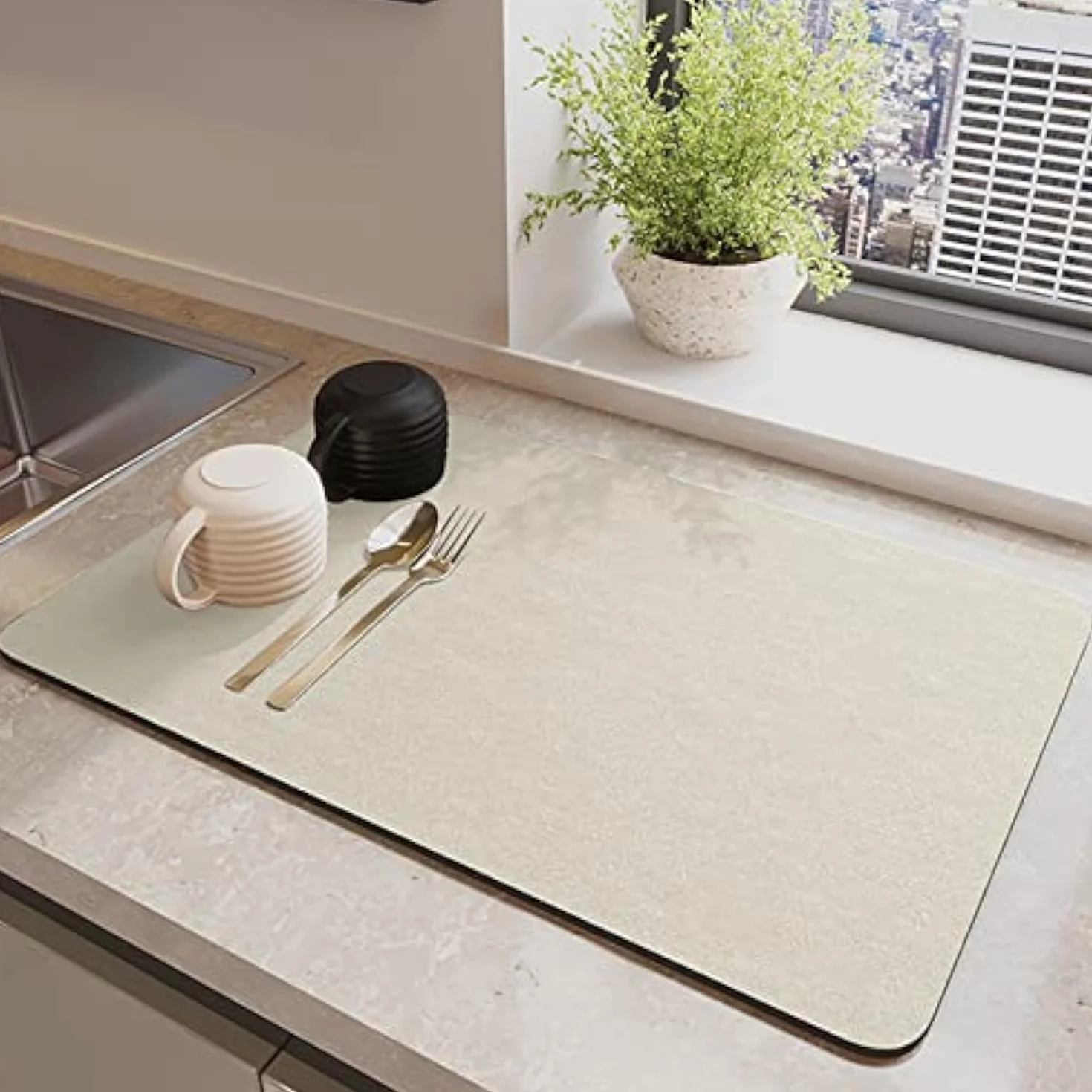 Morbuy Alfombrilla de Secado para Platos, Color Sólido Estera Fregadero Secado Rápido Alfombrilla Escurreplatos Absorbente Alfombrilla para Secar Platos Antideslizante (30x40cm,Beige)