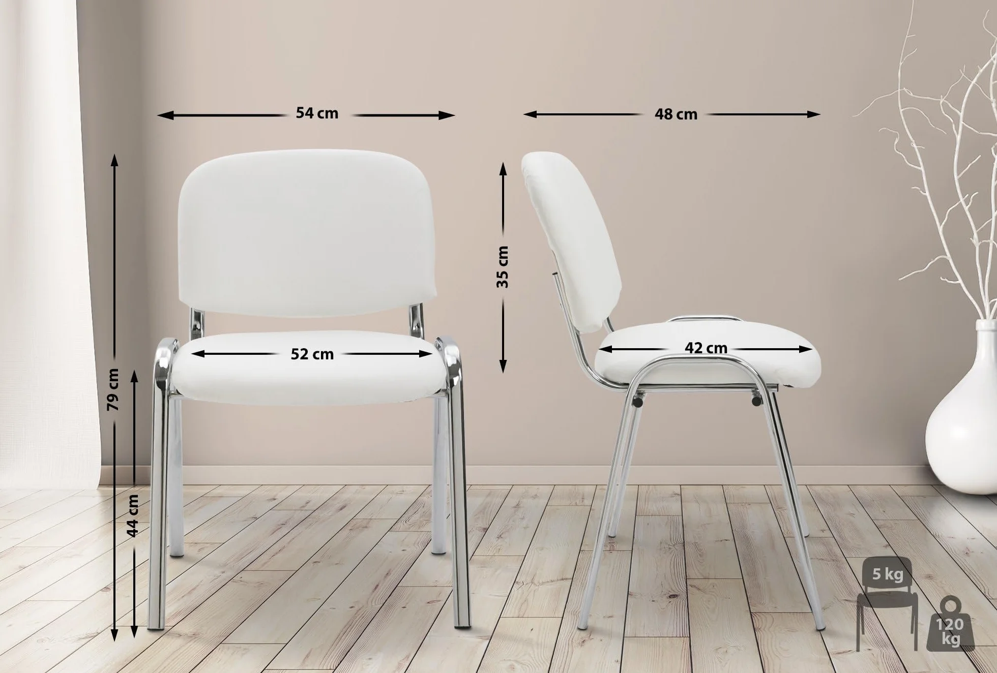 CLP Silla De Conferencia Ken Chrom En Simil Cuero I Silla Confidente Apilable I Silla De Oficina Sin Ruedas con Base de Metal I Color:, Color:Blanco