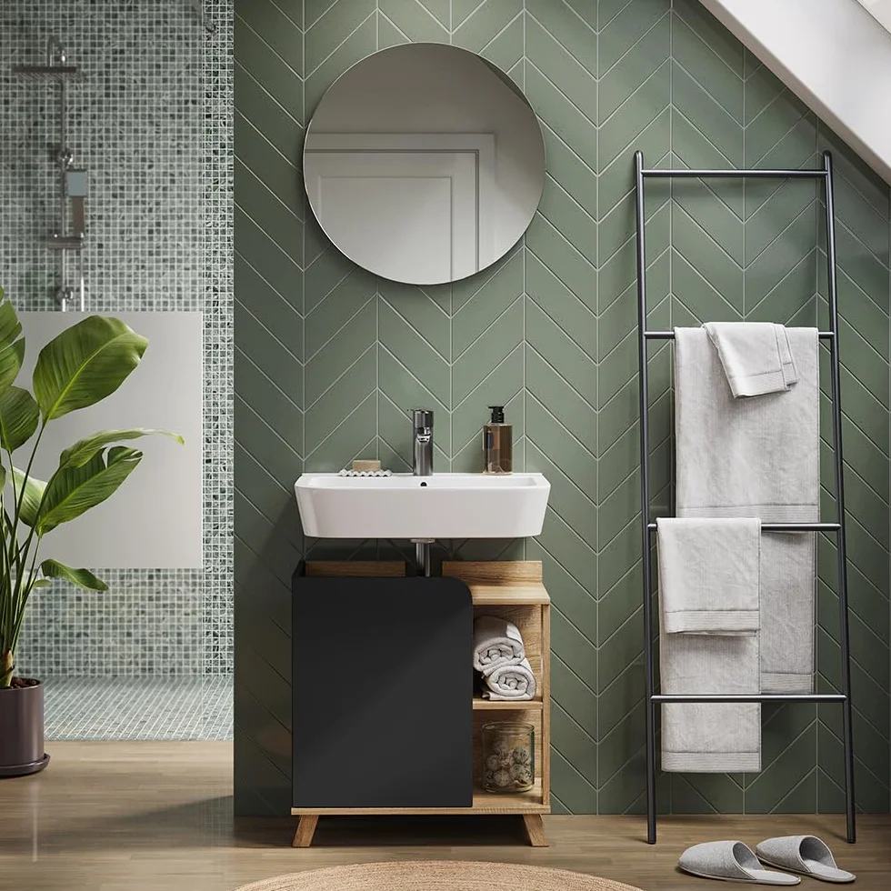Vicco Mueble bajo Lavabo Karen, Sonoma/Antracita, 60 x 65 cm con Puerta y Compartimentos Abiertos, con Recorte para sifón para instalación Debajo del Lavabo