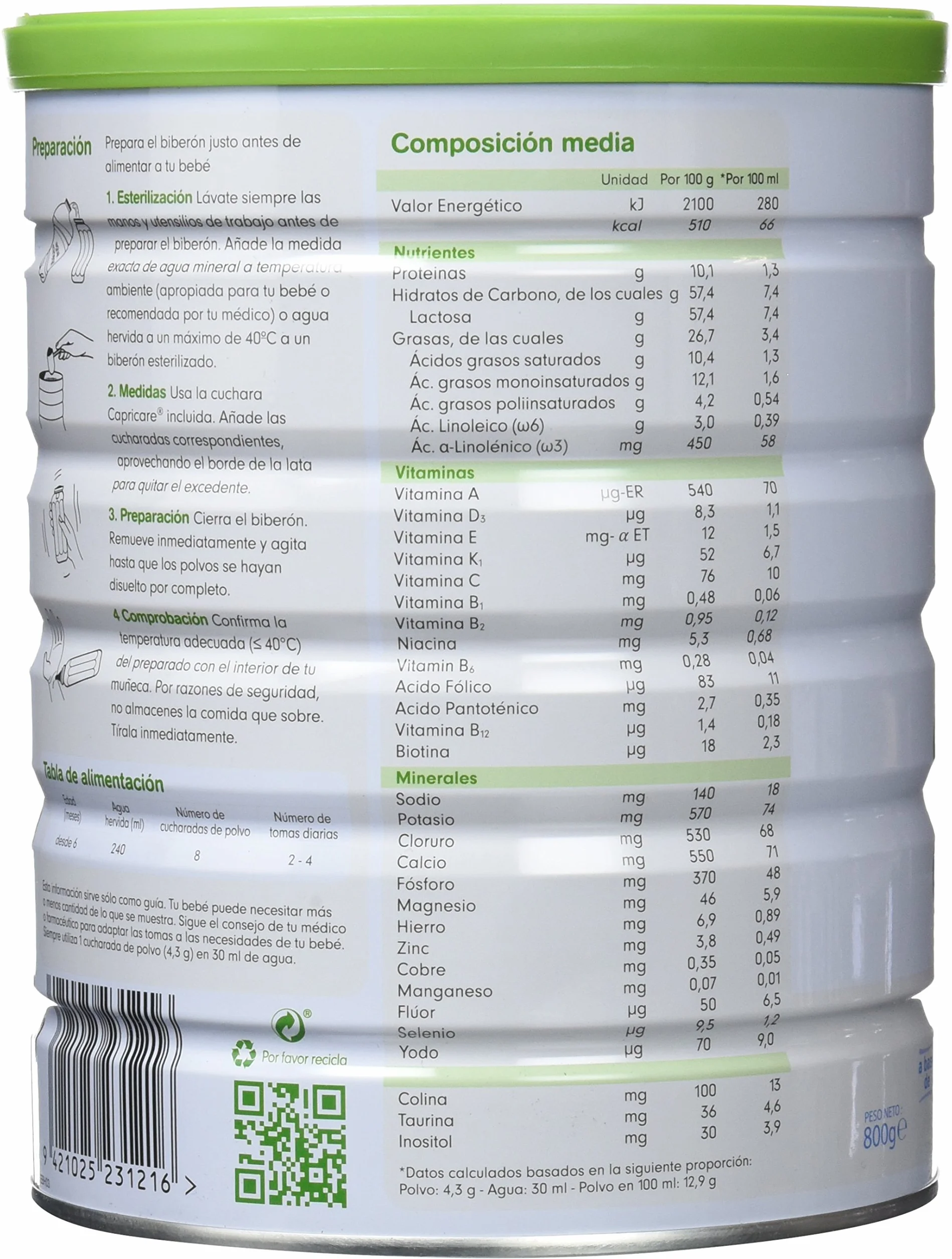 Capricare 2 Leche de Cabra en Polvo 800 g Fórmula de Continuación para Bebés a partir de 6 Meses