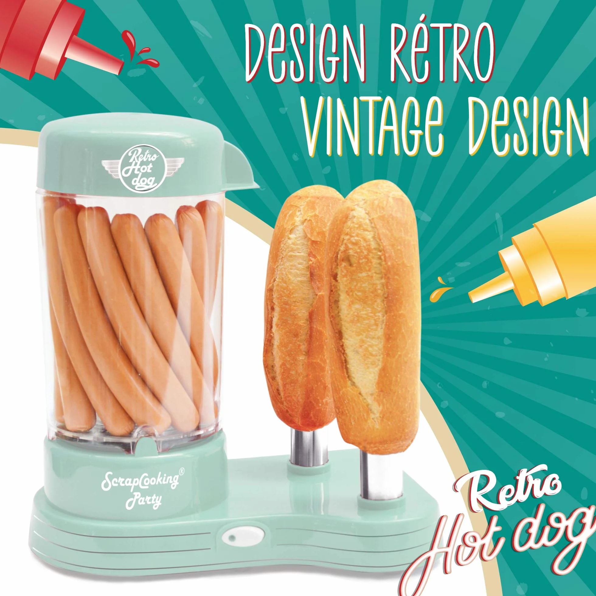 ScrapCooking - Máquina para Perritos Calientes - Máquina para Hacer Auténticos Hot Dogs U.S. - Capacidad para 12 Salchichas y 2 Panes - Estilo Retro Vintage para Fiestas, Barbacoas - Verde - 0601