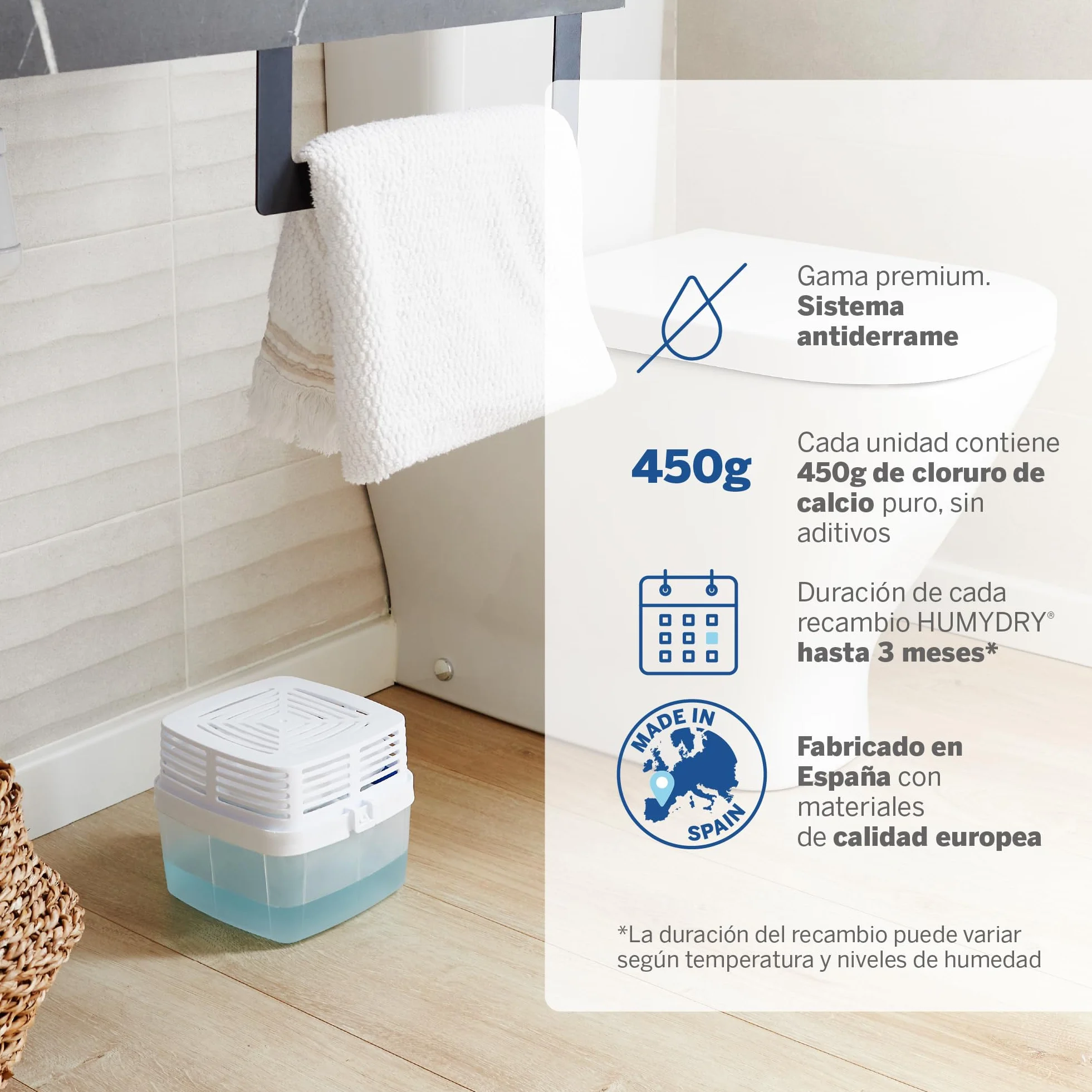 HUMYDRY Premium 450g. Deshumidificador sin enchufe con bolsa antihumedad | Evita moho, condensación y olor a humedad | Ideal para habitaciones, cocinas y oficinas hasta 15m²