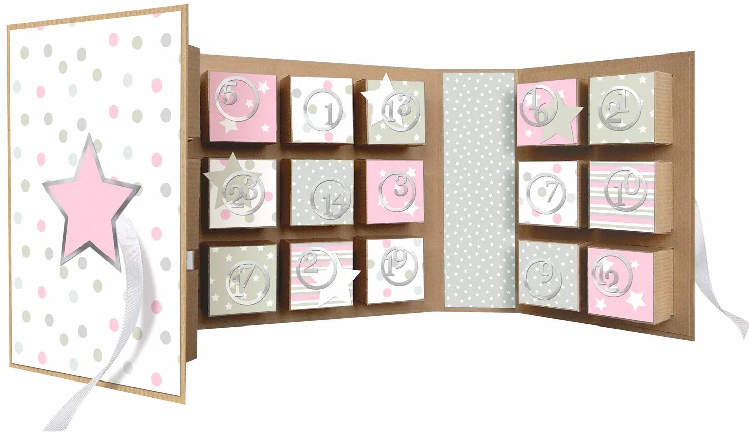 Ursus Calendario de Adviento libro estrellas 22,4 x 16,1 x 5,3 cm cartón kraft cinta satén