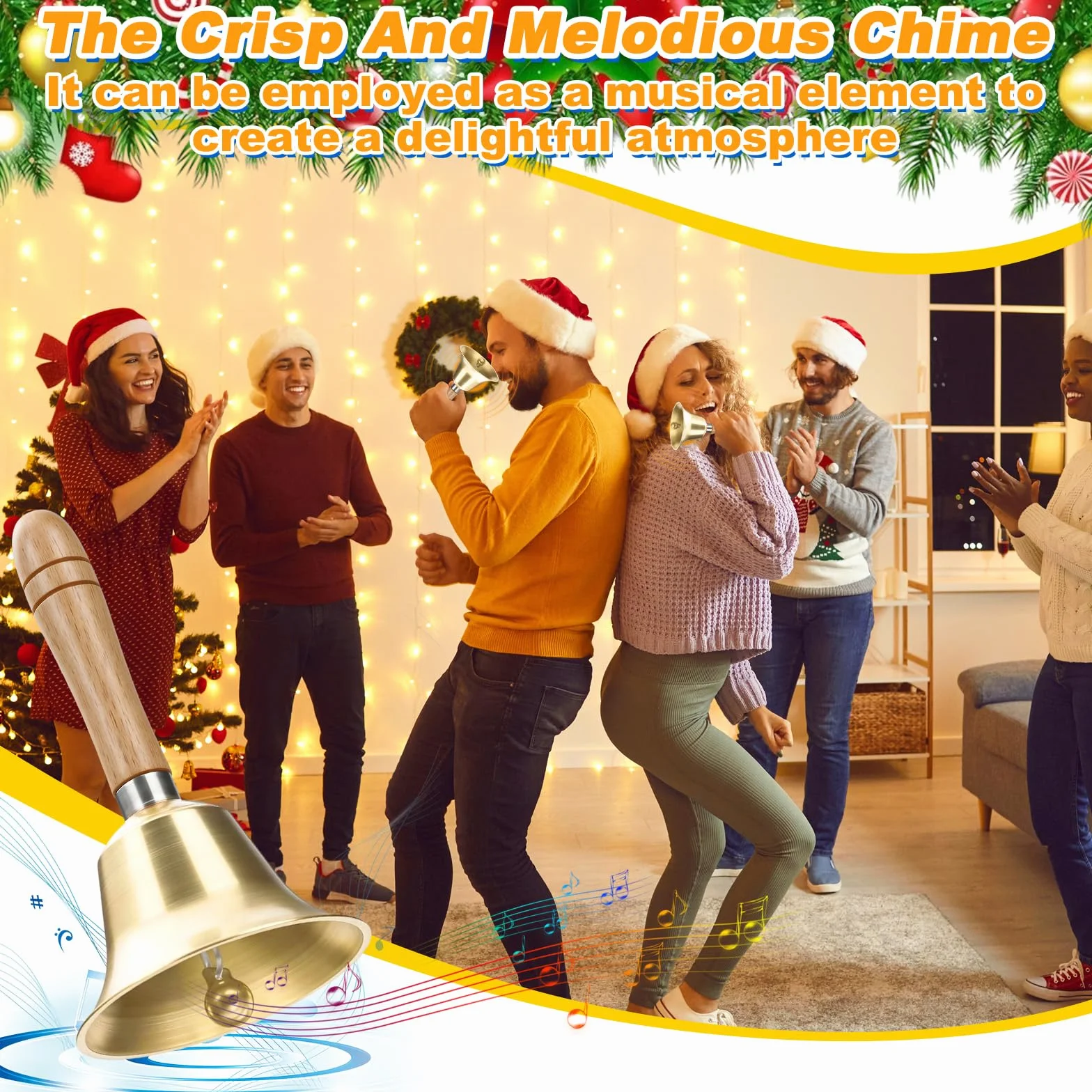 Campana Mano Súper Ruidosa con Mango Madera, Campanas Servicio Atención Metal Clásicas, Cascabeles Papa Noel Campanilla Navidad Latón para Escuela, Recepción Cena, Hotel, Decoración Hogar (Oro)