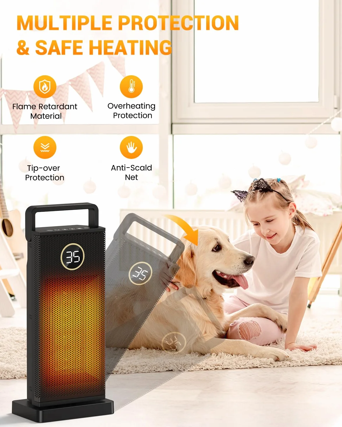 Calefactor bajo Consumo 2000 W, Calefacción Eléctrica de Cerámica, 3 Modos 60 ° Oscilante, Calentador Silencioso con Protección Contra Sobrecalentamiento y Volcado para la Oficina, Sala, Dormitorio