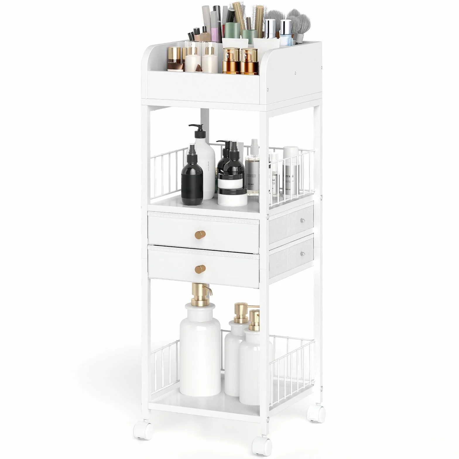 GIANTEX Carro de Almacenamiento para Comésticos, Organizador de Maquillaje con 2 Cajones, 2 Estantes Abiertos y Cubos, 4 Ruedas, 30x30x90cm, Carrito Multifuncional para Baño, Dormitorio