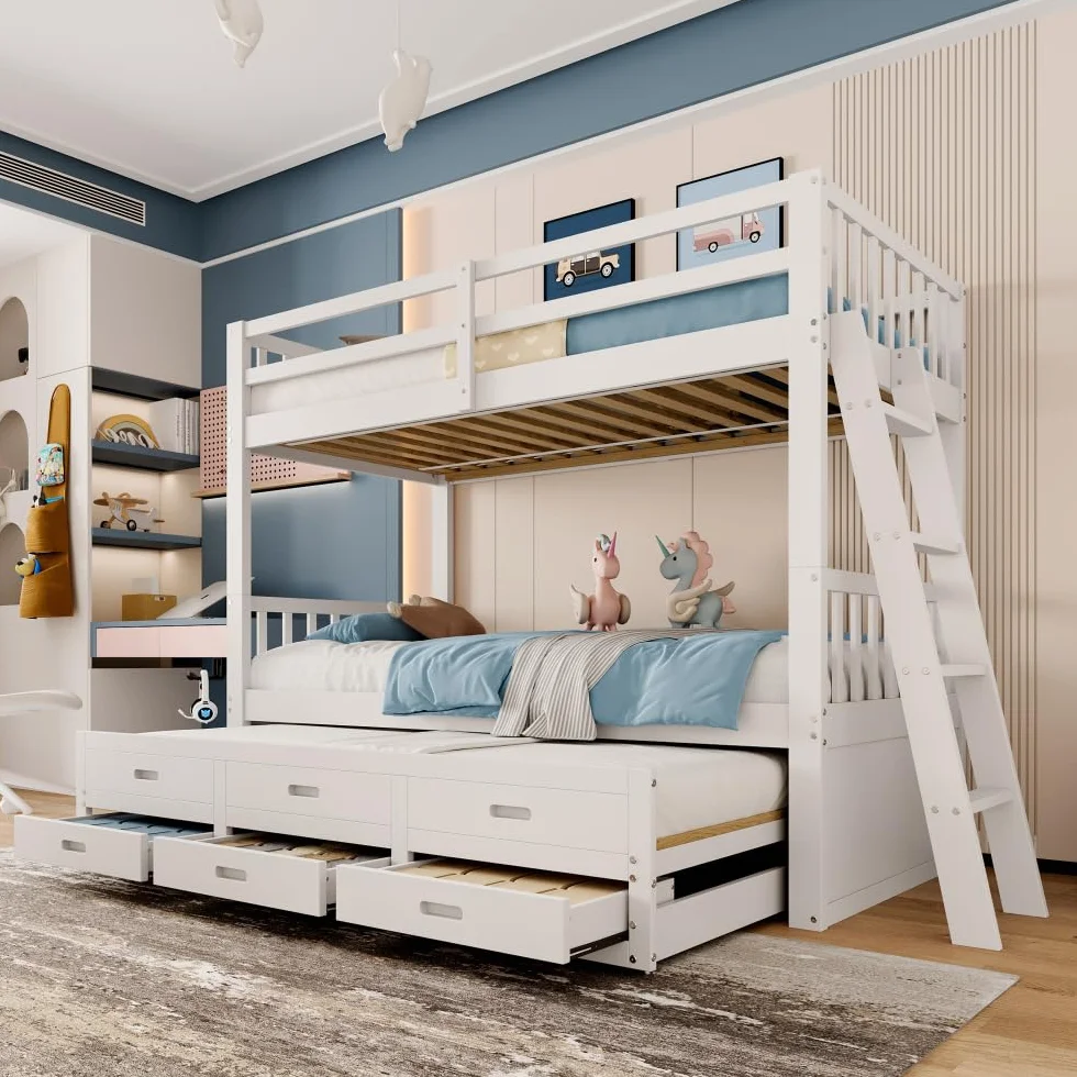 Litera infantil de 90x200cm con escalera, cama extraíble y 3 cajones, estructura de pino y MDF, barandilla alta, convertible en 2 camas individuales, colchón no incluido, Blanco