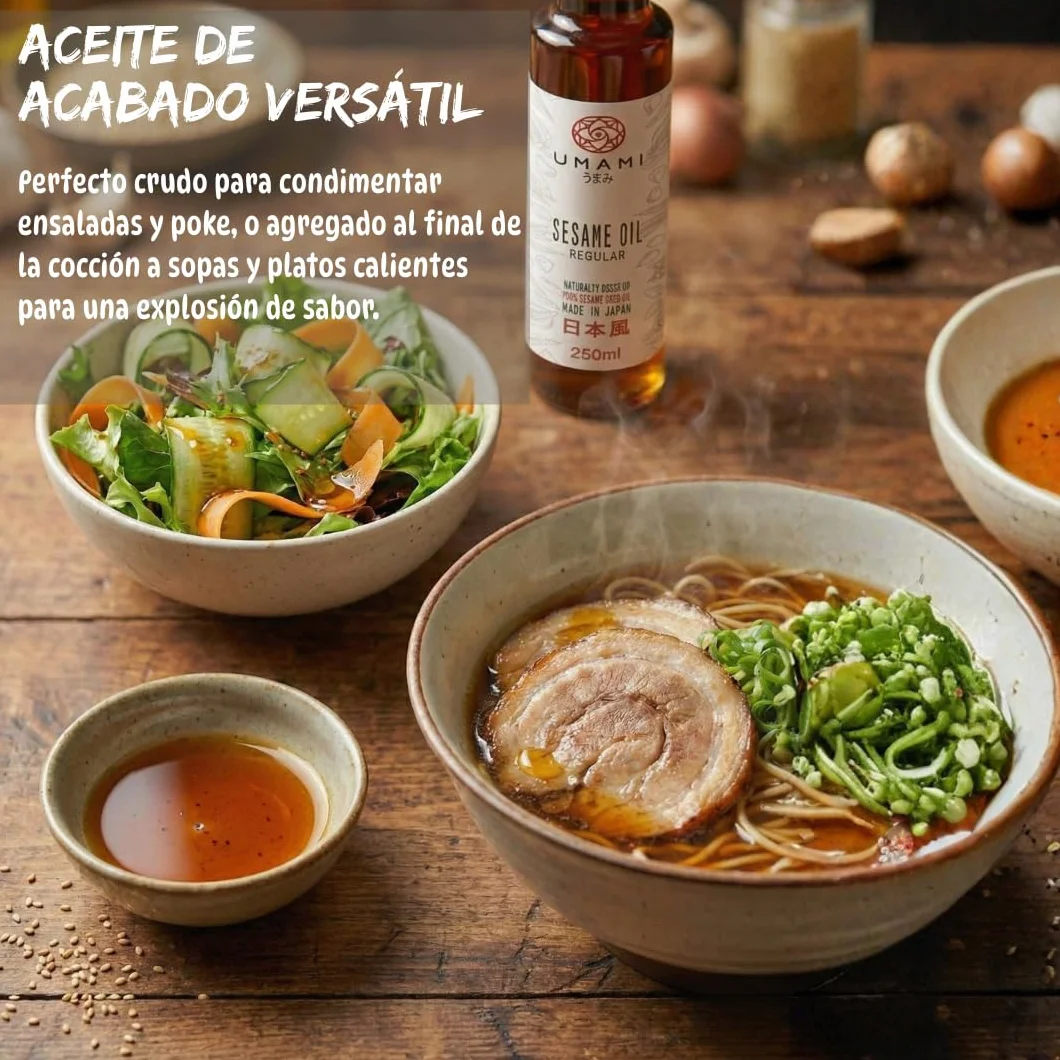 Umami Aceite de Sésamo Tostado 250ml 100% Puro Natural Producido en Japón para Wok Ramen Sushi Ensaladas