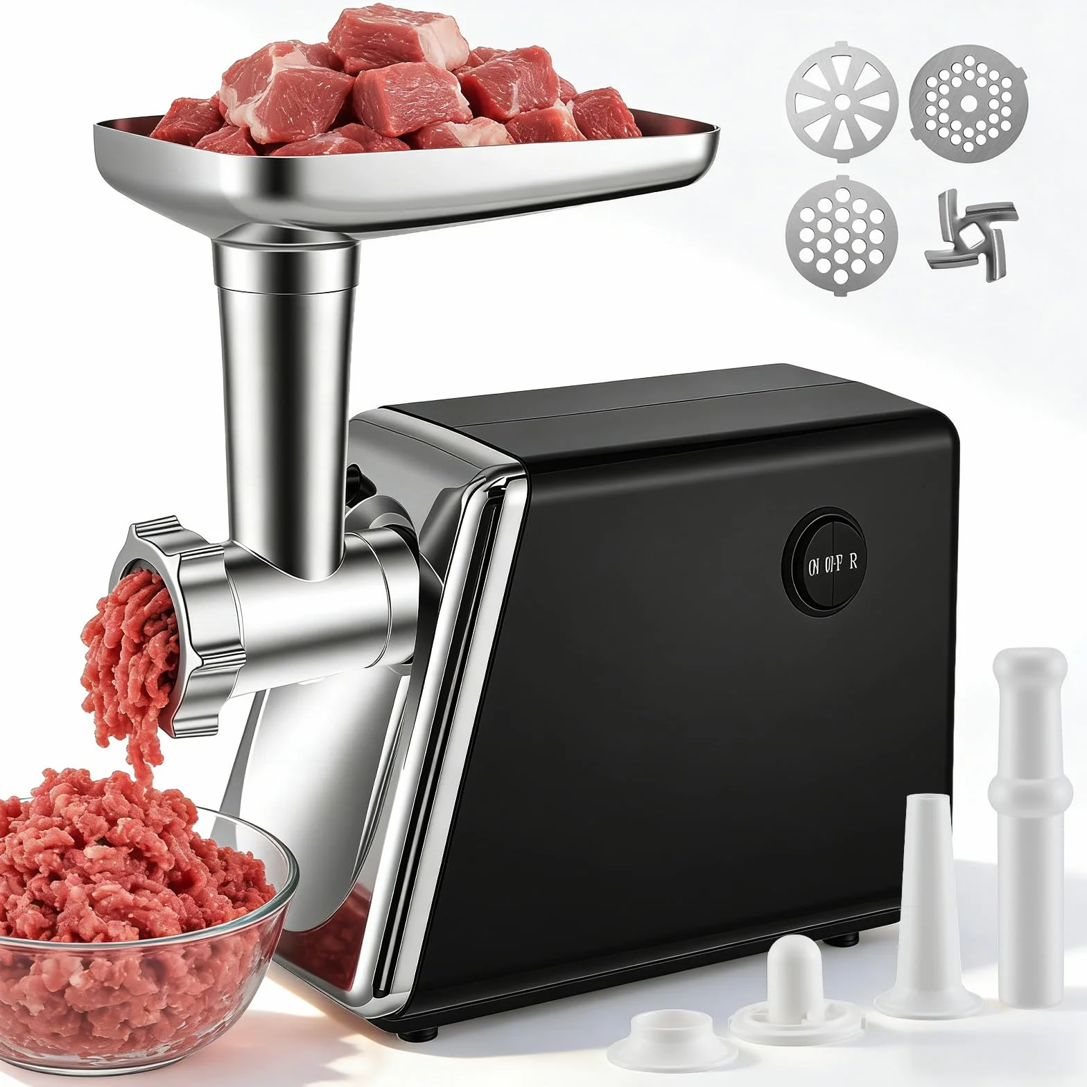 Picadora De Carne Eléctrica 4 En 1 Para Salchichas,Verduras,Queso,Silenciosa Y Protección Contra Sobrecalentamiento,En Acero Inoxidable Y Aluminio,Con 3 Platos De Corte Y Embutidora