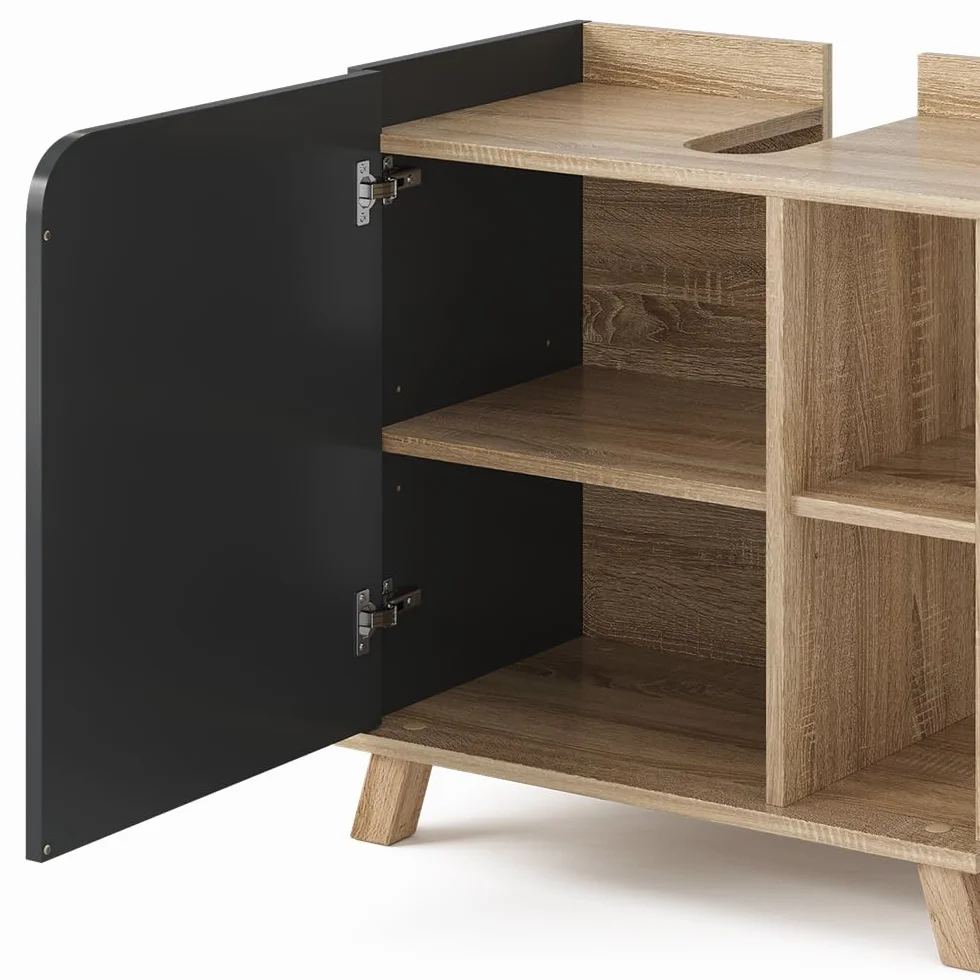 Vicco Mueble bajo Lavabo Karen, Sonoma/Antracita, 60 x 65 cm con Puerta y Compartimentos Abiertos, con Recorte para sifón para instalación Debajo del Lavabo