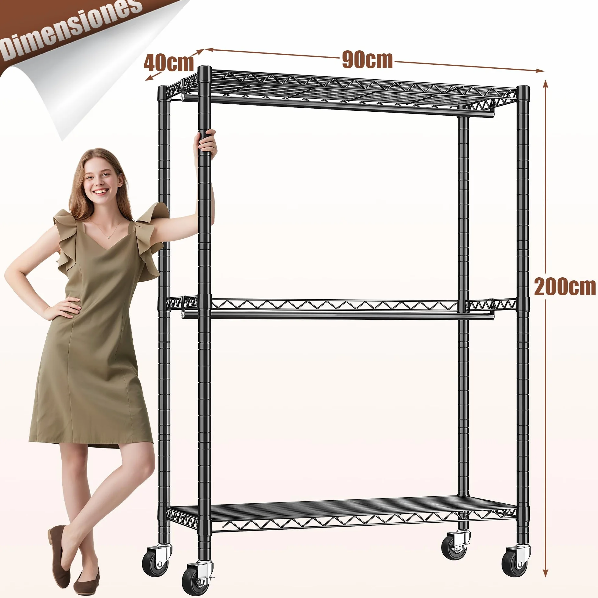 Burro Ropa Resistente con Ruedas 90x40x200cm Doble Barra Colgadora Estante Ajustable Carga Pesada 150 kg