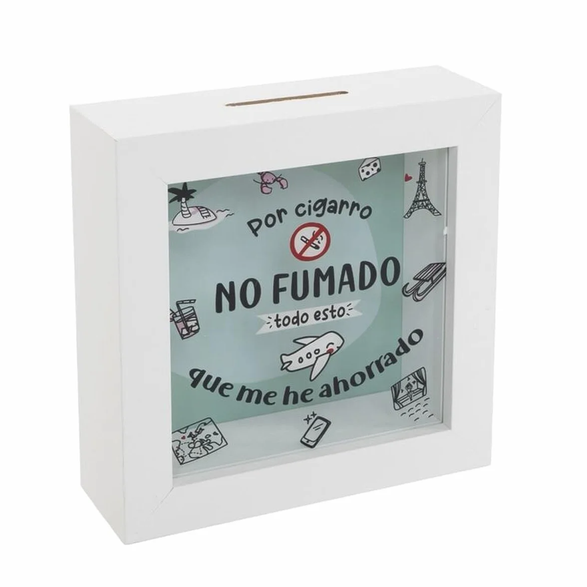 Hucha de Madera Blanca con Cristal, Hucha para Ex Fumadores con Mensaje Motivacional, Ahorro por Cigarrillo No Fumado 15x15x5cm