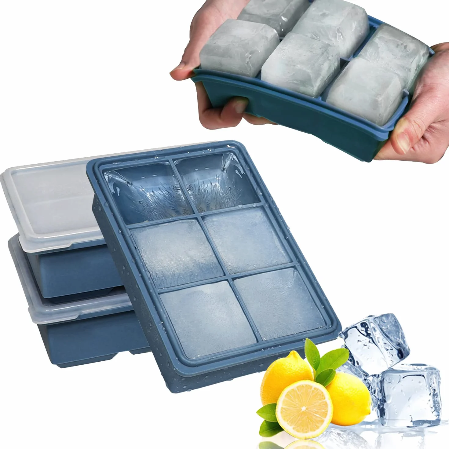 LessMo 3 PCS XXL Bandejas de Cubitos de Hielo Reutilizables con Tapas