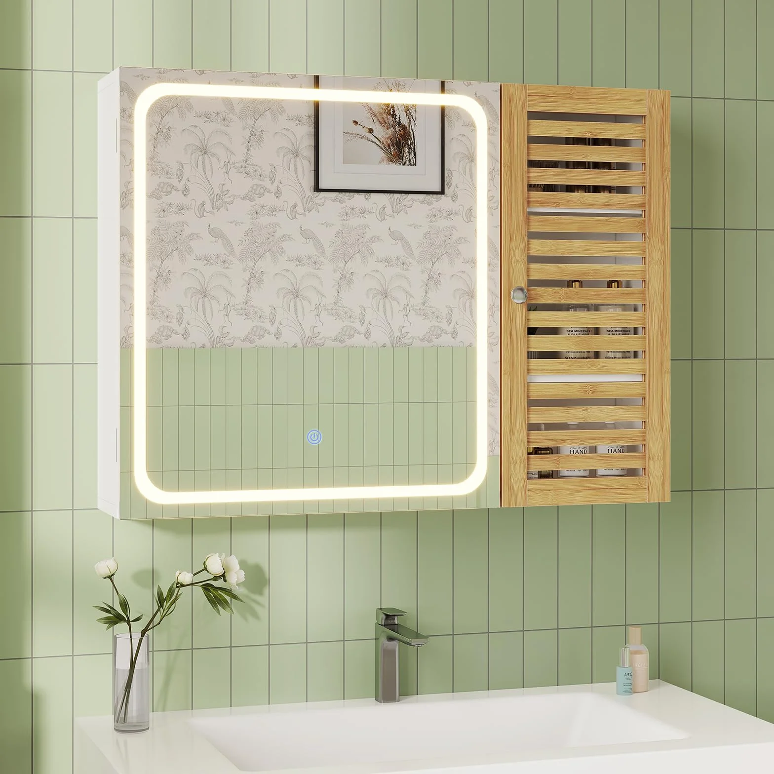 Armario con espejo para baño con iluminación, armario de baño con espejo, armario con 6 estantes, 4 estantes ajustables, armario colgante con puerta de bambú, 80 × 60 × 16 cm