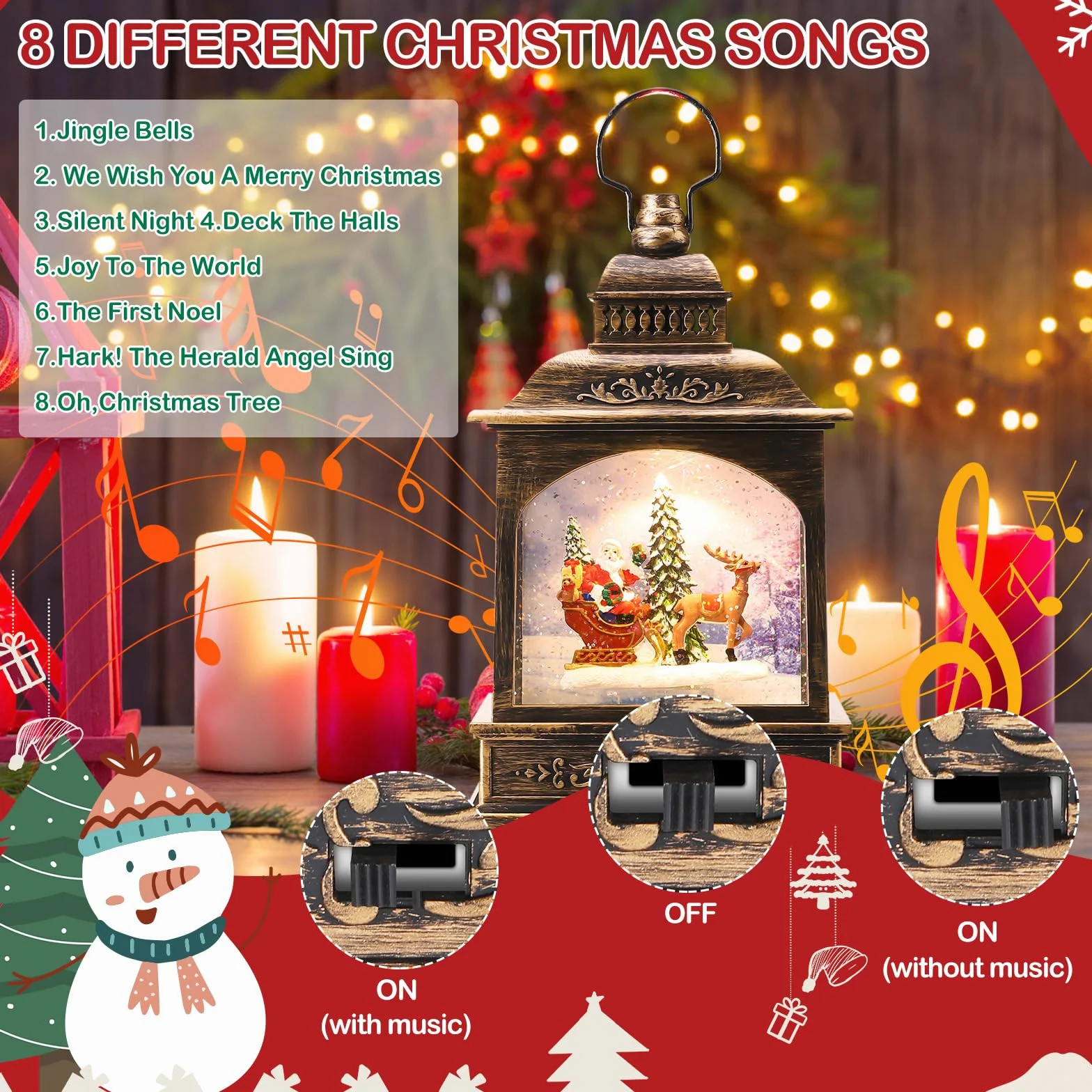 Coikes Linterna Navidad de Musical con Proyección Linternas de Globo Iluminado Xmas Water Lantern Linterna de Papá Noel con Purpurina Faroles de Navidad Decoraciones de Navidad
