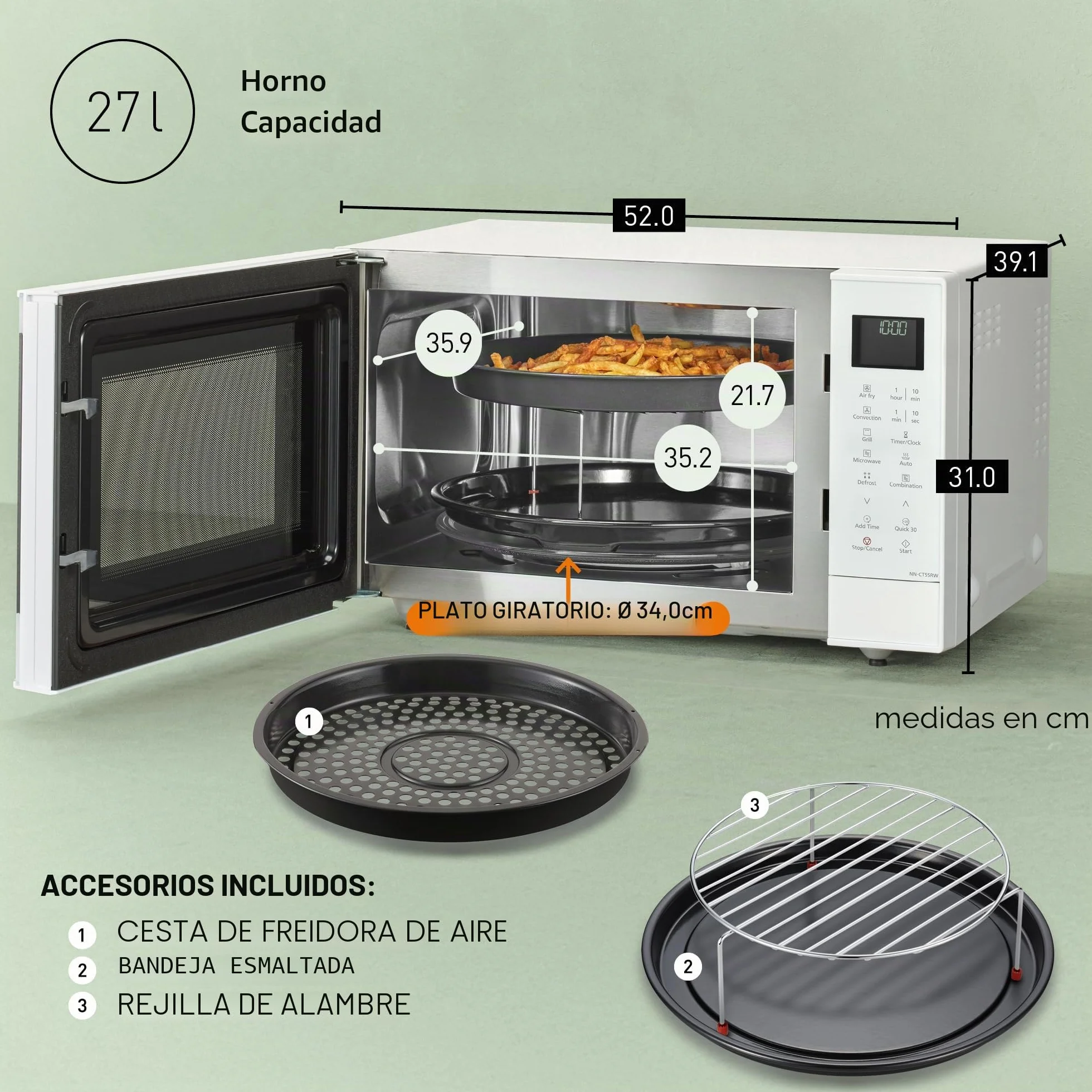 Panasonic NN-CT55RWEPG Horno Microondas Combinado 4 en 1 de 27 L con Freidora De Aire, Inverter de 1000 W, Grill de 1300 W, Convección, 19 Programas Automáticos, Blanco