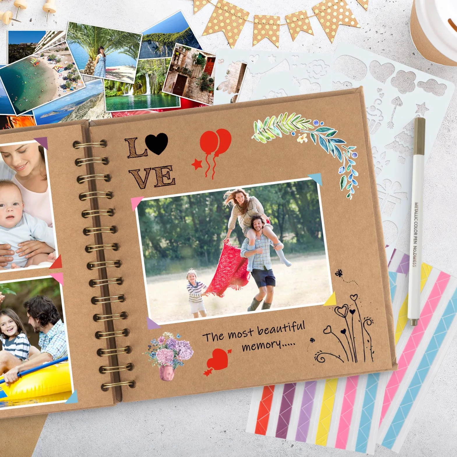 Álbum de Fotos Scrapbook 24x24cm, DIY Espiral Álbum de Recortes para Pegar y Escribir 80 Páginas, Regalos de Boda Aniversario Bebé Cumpleanos Familiares (Caqui)
