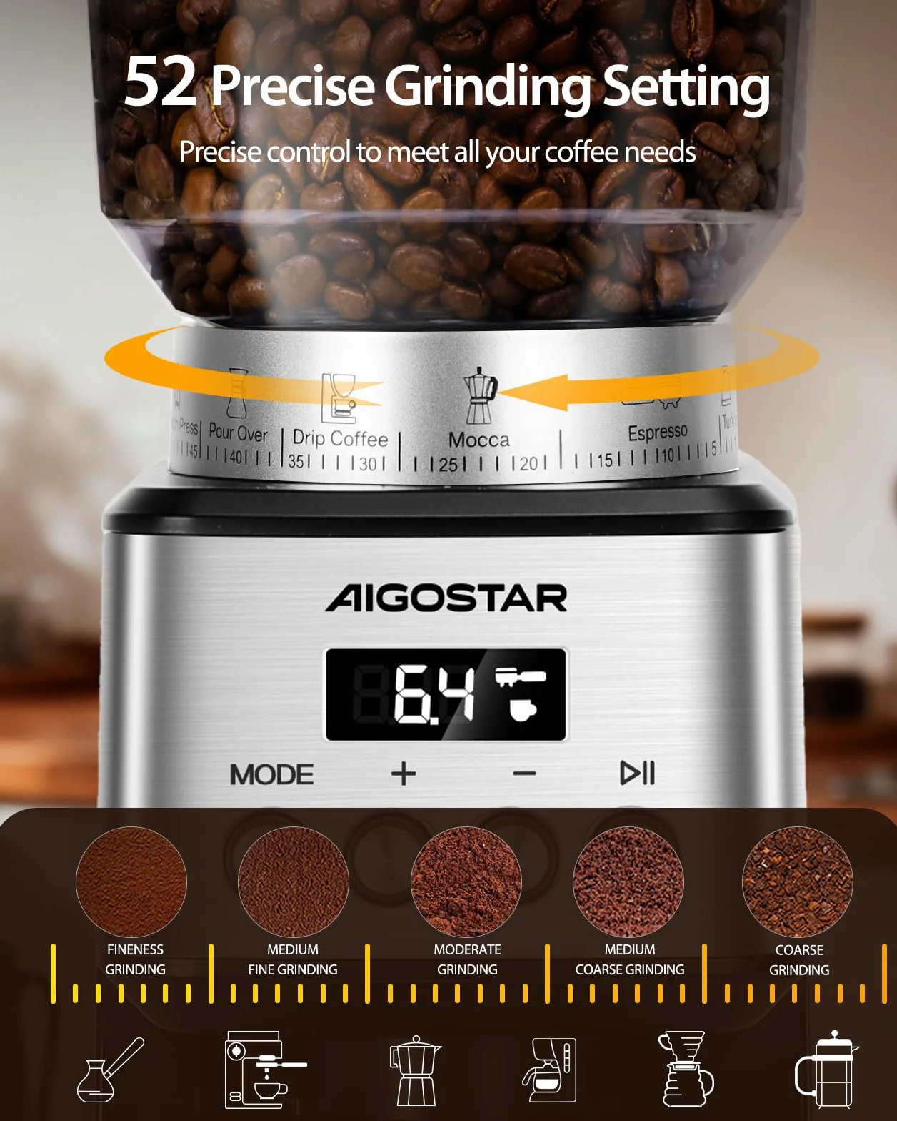 Aigostar Molinillo de Café Eléctrico, 52 Ajustes de Molido Molinillo Café de Cono, Grinder Electrico Para Café Espresso, Moledor Profesional con Pantalla Lcd Digital Precisa, Acero inoxidable, Plata