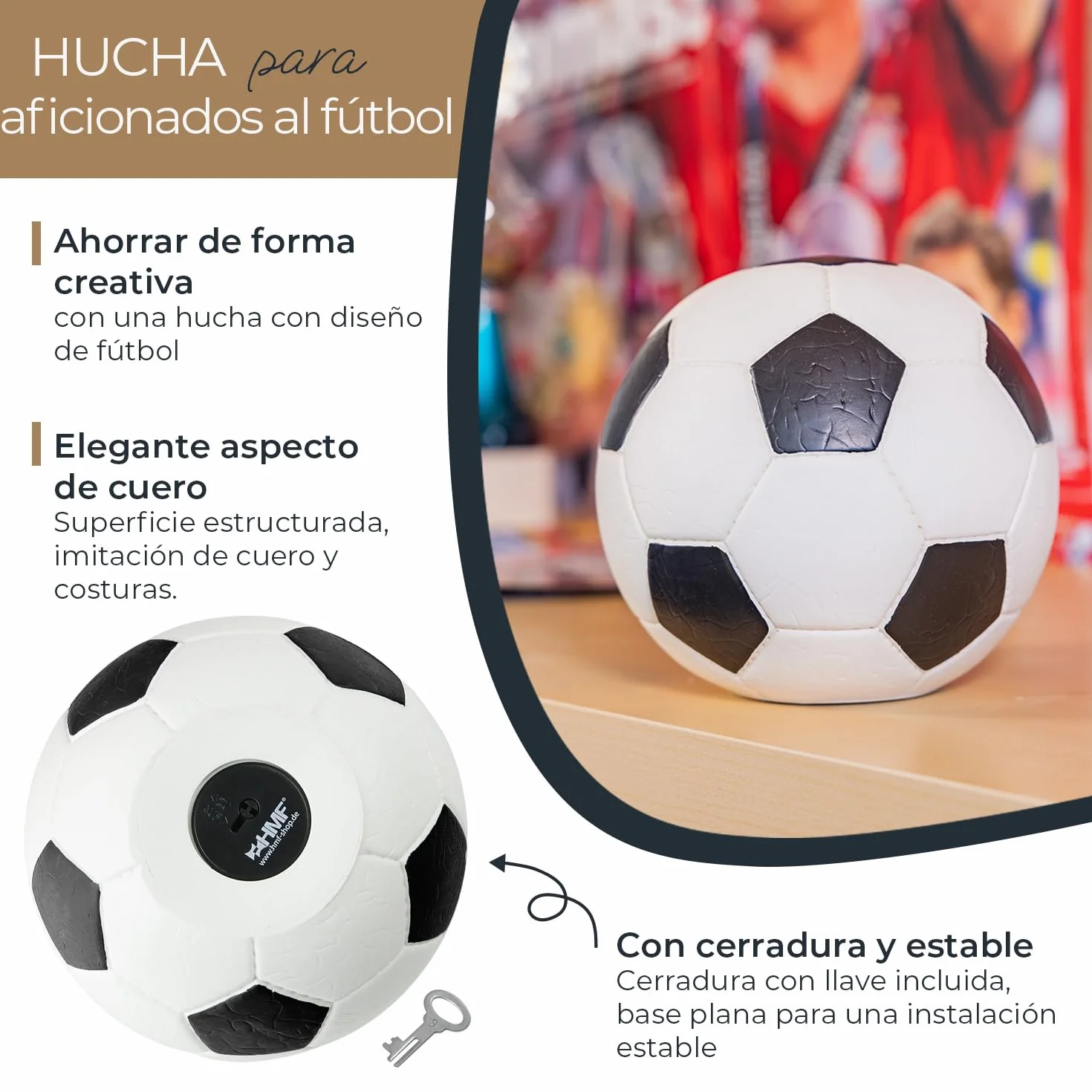 HMF 4790-01 alcancía Pelota de fútbol imitación Piel Caja caudales 15 cm diámetro Blanco Negro