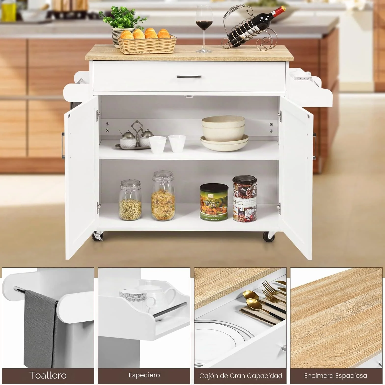 GIANTEX Isla de Cocina Móvil con Ruedas, Carro de Cocina con Cajón, Armario, Estante Lateral para Especias y Toallero, Mueble Auxiliar de Almacenamiento para Comedor (Blanco, 116x40x85cm)