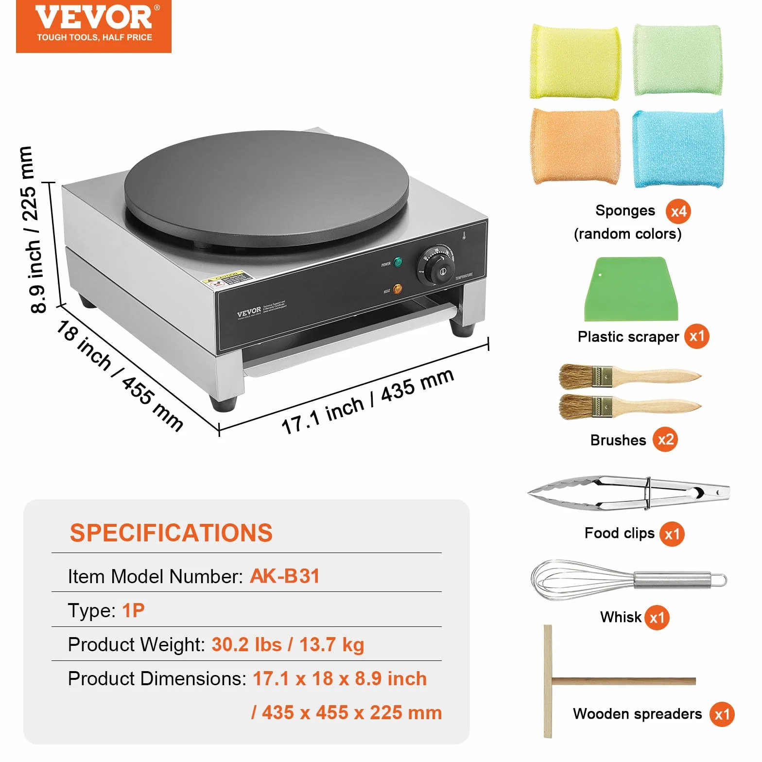 VEVOR Máquina para Crepes Comercial de Placa Plana de 3000 W, Acero Inoxidable Antiadherente, Estufa Circular de Escritorio para Panqueques y Cereales con Control de Temperatura, 435 x 455 x 225 mm