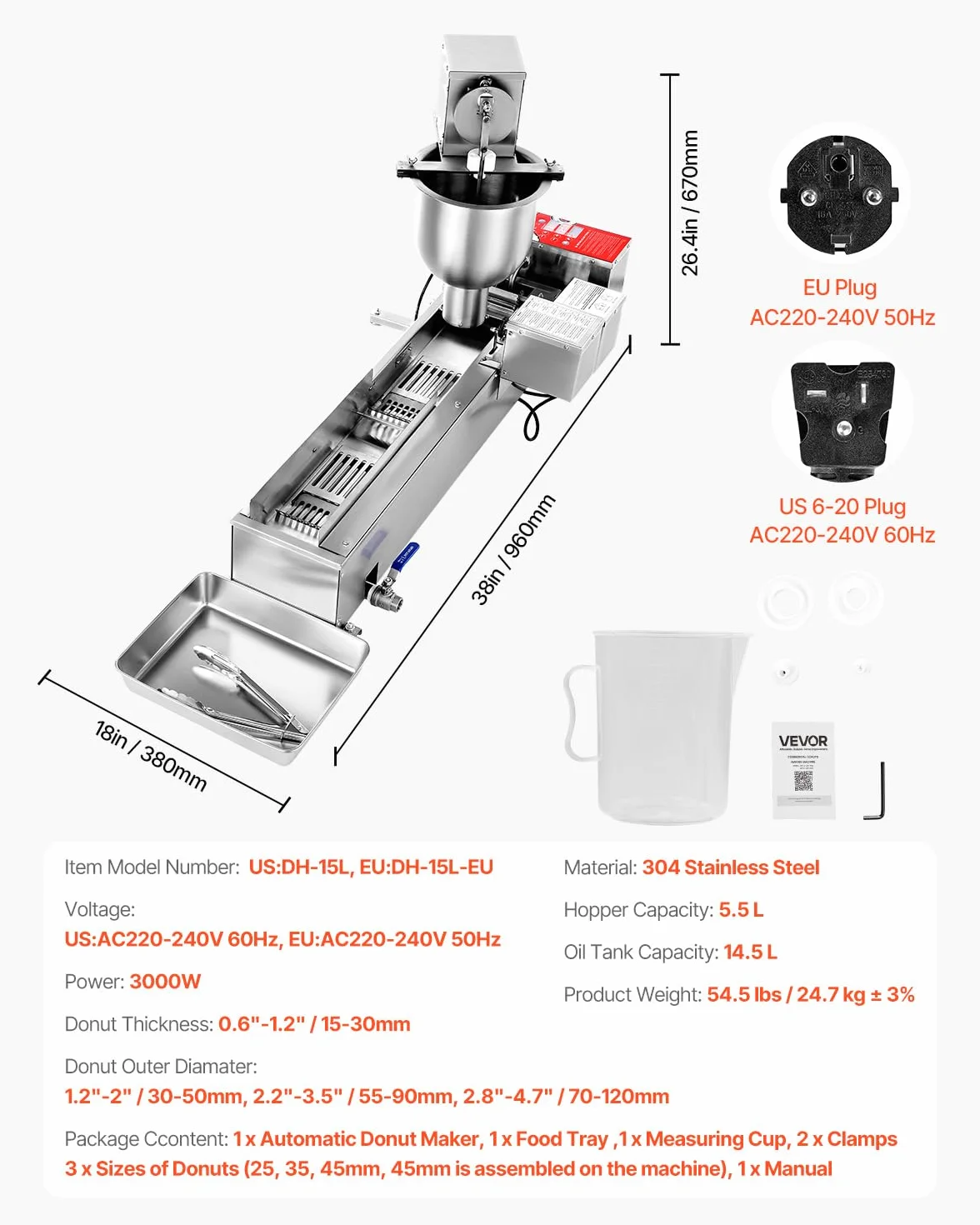VEVOR Máquina Automática para Hacer Donas, Equipo para Hacer Donas de Una Sola Fila, Alta Potencia de 90 Piezas/Hora, Acero Inoxidable, con Moldes de 3 Tamaños y Conteo Automático, 14,5 L, Plata