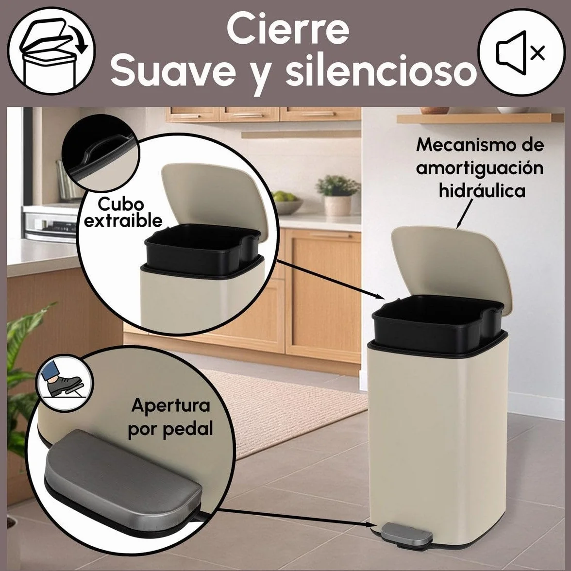 Cubo de Basura Metálico 20L Beige Mate Antihuellas 37x27x45 cm con Pedal y Cierre Suave