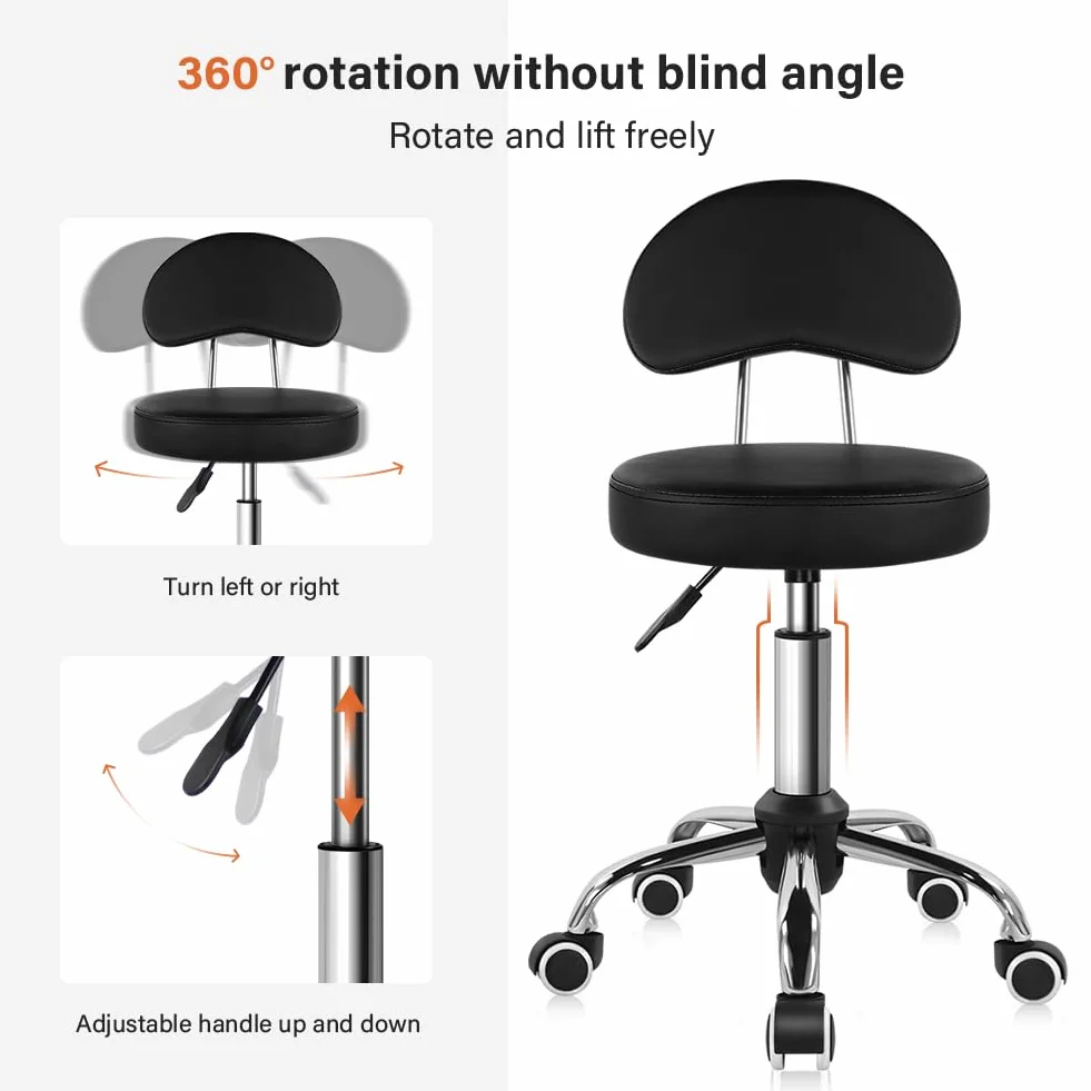 KKTONER Taburete Giratorio con Ruedas Respaldo Regulable Altura 48-64cm Asiento Cuero Sintético Negro