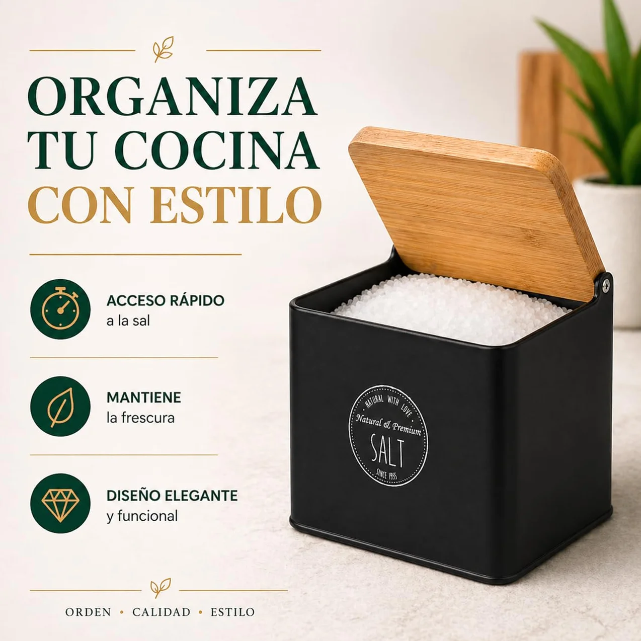 Salero de Cocina con Tapa de Bambú 11x14x11 cm Estructura Metálica Tapa Abatible Negro