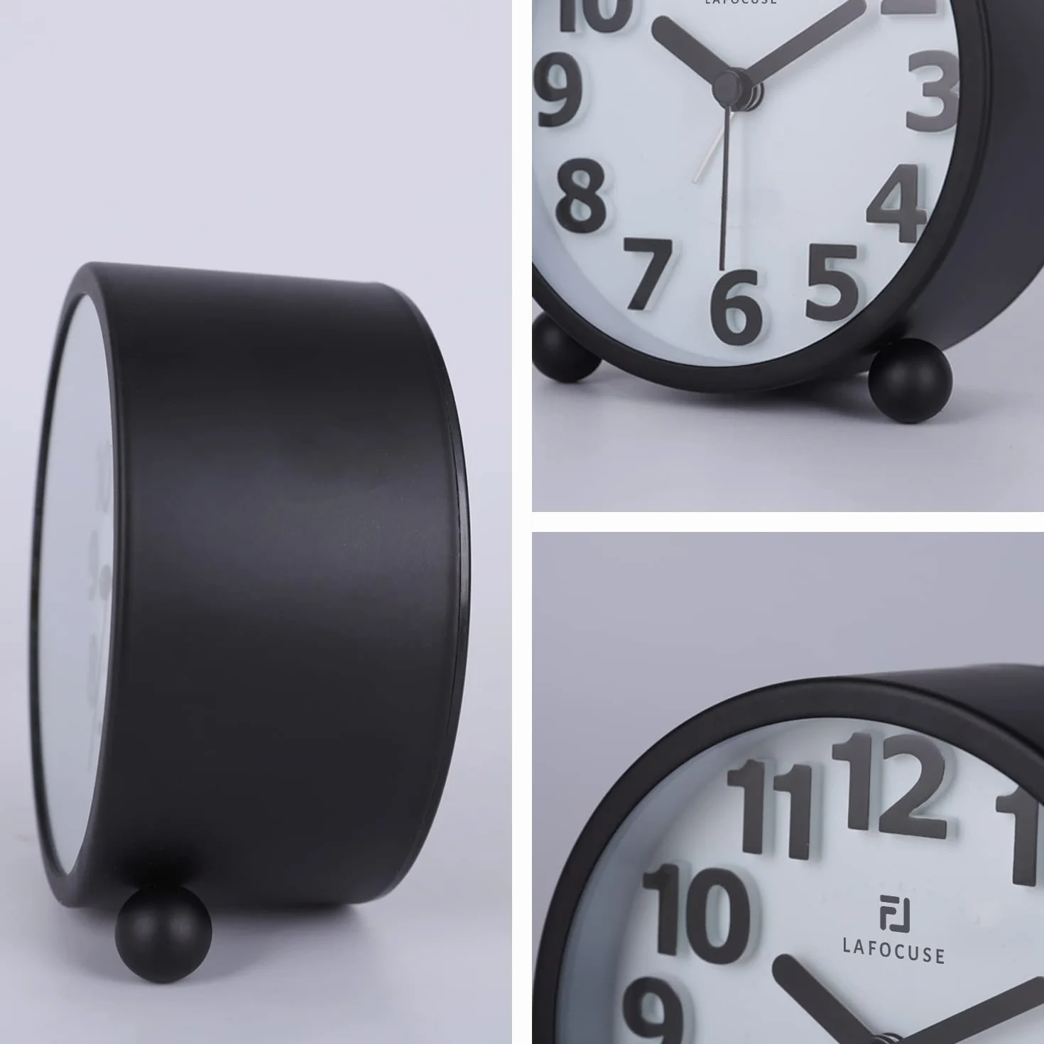 Lafocuse Reloj Despertador Analógico Silencioso con Snooze Luz Nocturna Metal Negro Números Grandes 3D 10.5cm